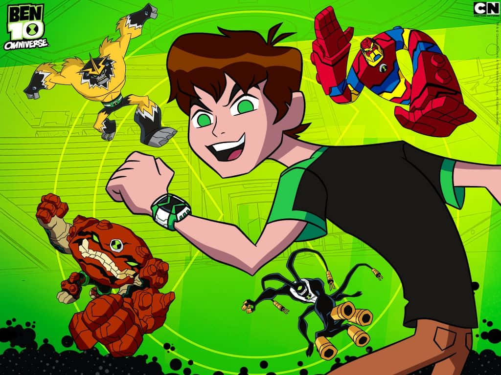 Ben 10 桌布 壁紙 — 班·坦尼森自信地微笑，他的外星型態在充滿活力的綠色背景前環繞著他。