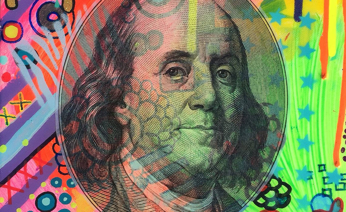 Franklin 桌布 壁紙 — 班傑明·富蘭克林在1美元鈔票上的肖像被鮮豔的塗鴉風格色彩和圖案覆蓋。