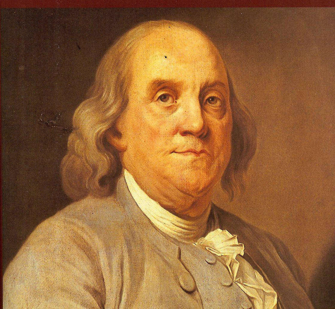 Franklin 桌布 壁紙 — 班傑明·富蘭克林的古典油畫肖像，他有波浪狀頭髮和戴著粉撲假髮，身穿灰色外套和白色領巾。