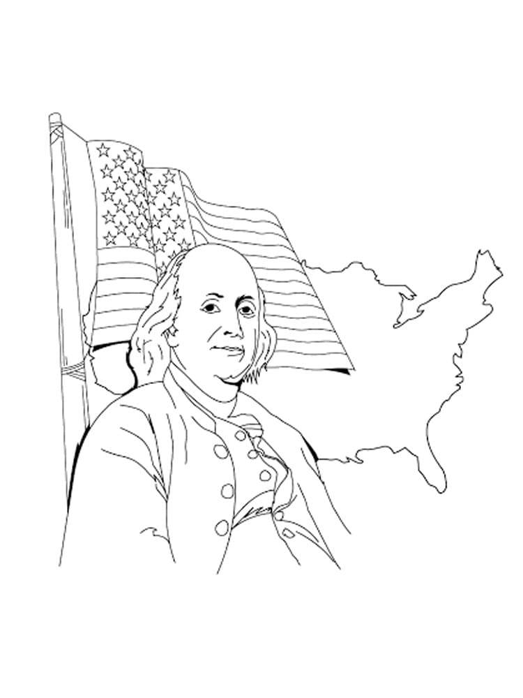 Franklin 桌布 壁紙 — 班傑明·富蘭克林的黑白線條畫，背後有美國國旗和美國地圖輪廓。