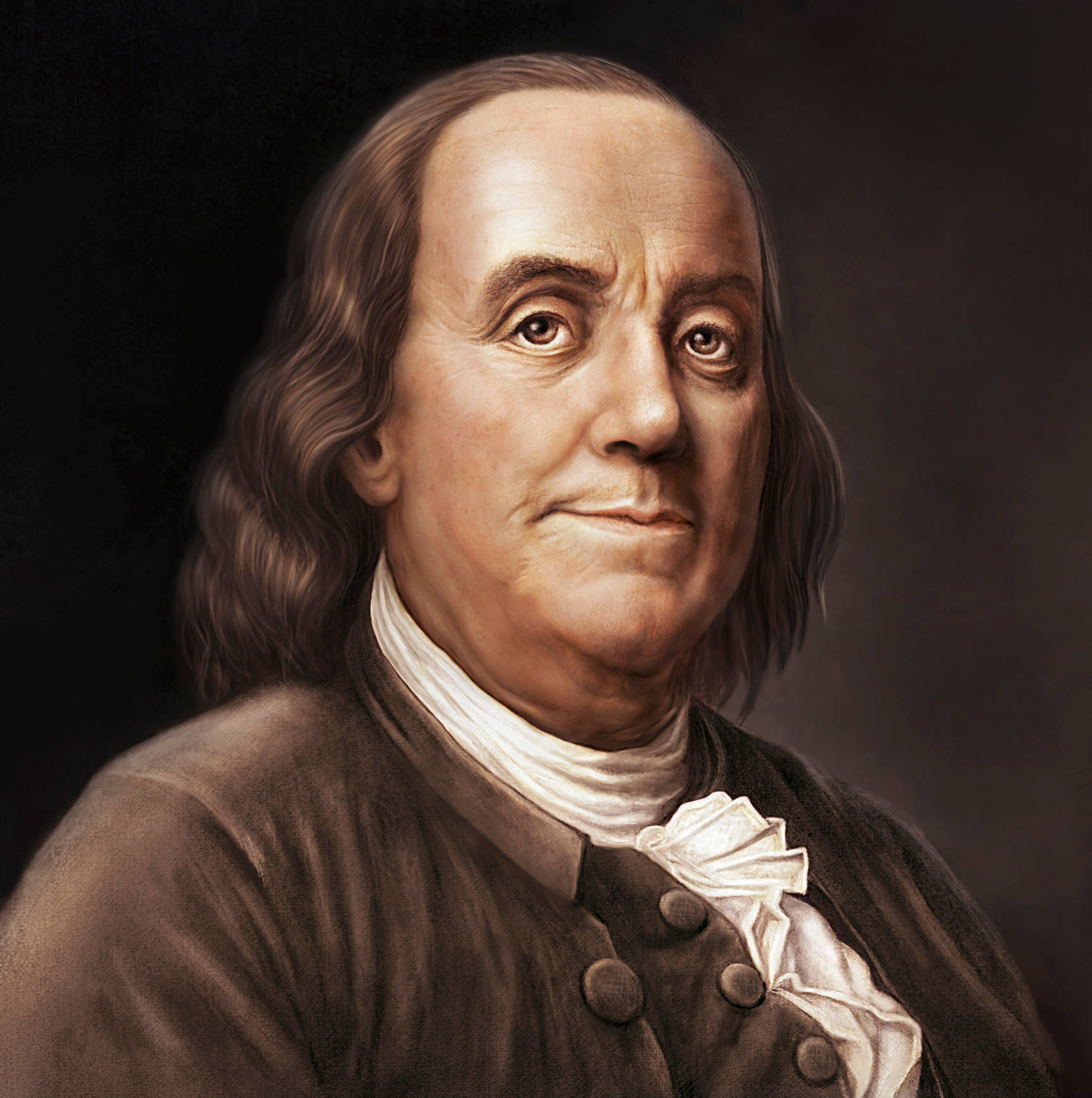 Franklin 桌布 壁紙 — 班傑明·富蘭克林穿著殖民地服飾、戴著白色領巾，在深色背景前的詳細肖像。