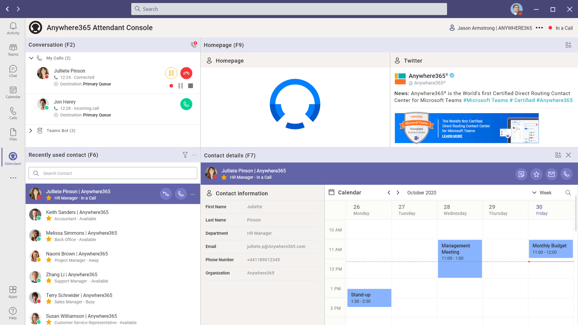 Microsoft Teams 桌布 壁紙 — 現代 Microsoft Teams 介面，顯示聯絡中心環境中的活躍通話、日曆和聯絡人詳細資料。
