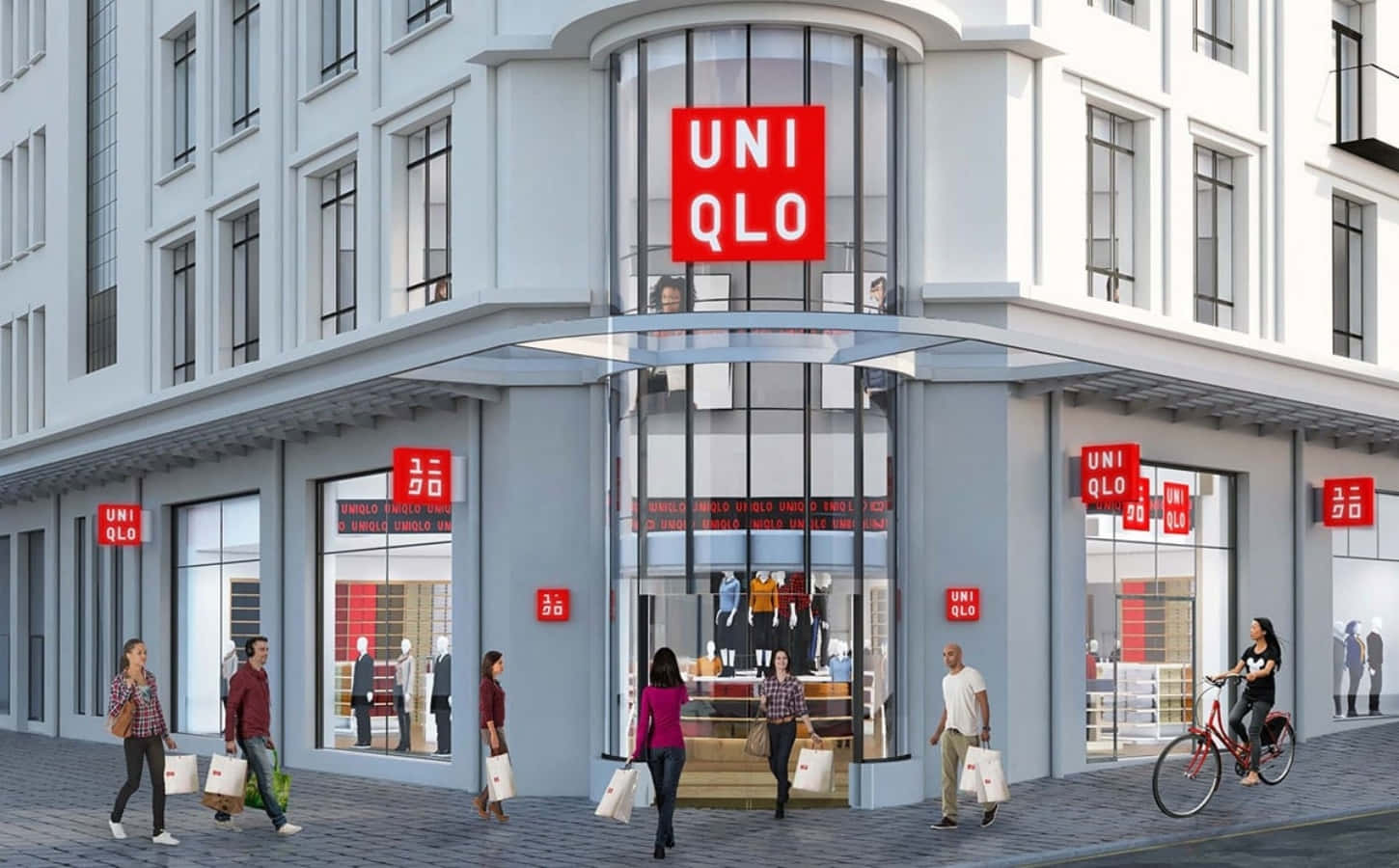 Uniqlo 桌布 壁紙 — 現代 Uniqlo 商店，玻璃外牆配紅色標誌，行人提著購物袋走在城市人行道上。