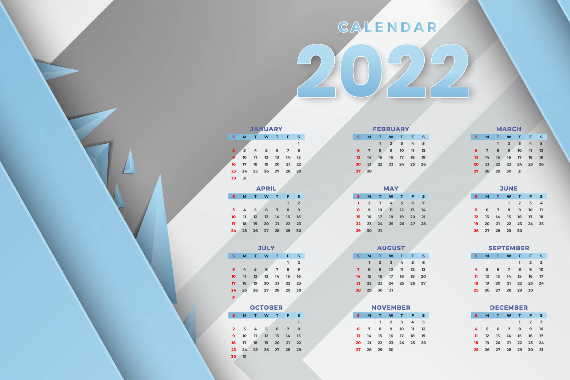 月曆 桌布 壁紙 — 現代2022年月曆，以幾何藍色和灰色抽象形狀框住每月網格。