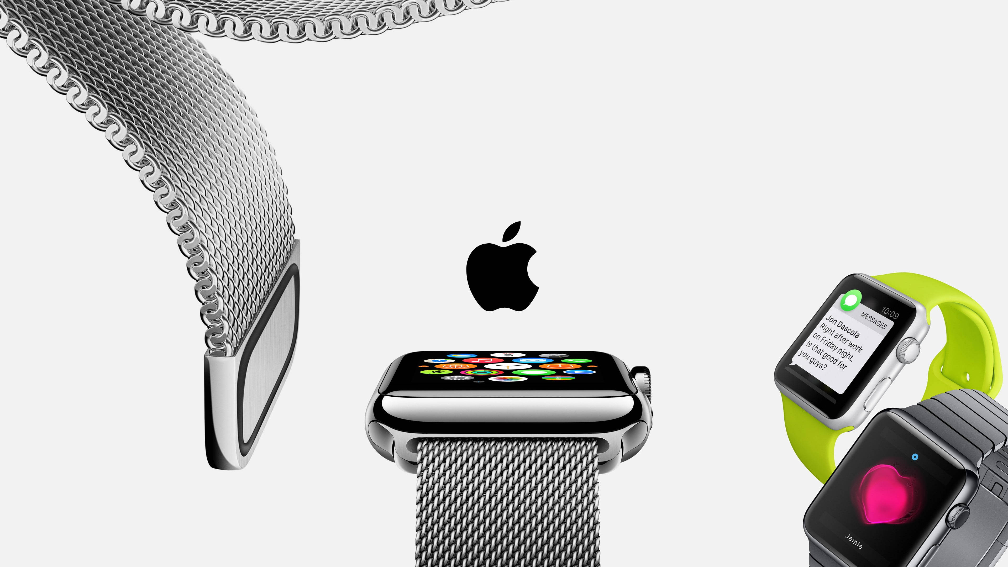 Apple Watch 動態 桌布 壁紙 — 現代Apple Watch配以網狀錶帶和色彩繽紛的應用程式圖標，展示在潔白背景上。