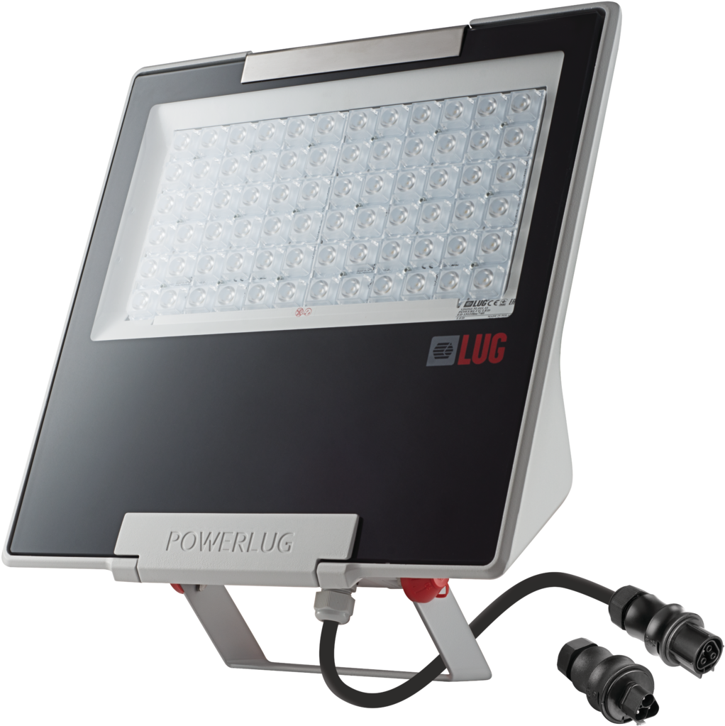 LED 桌布 壁紙 — 現代LED泛光燈，帶有明亮白色燈泡網格和'POWERLUG'品牌，黑色背景。