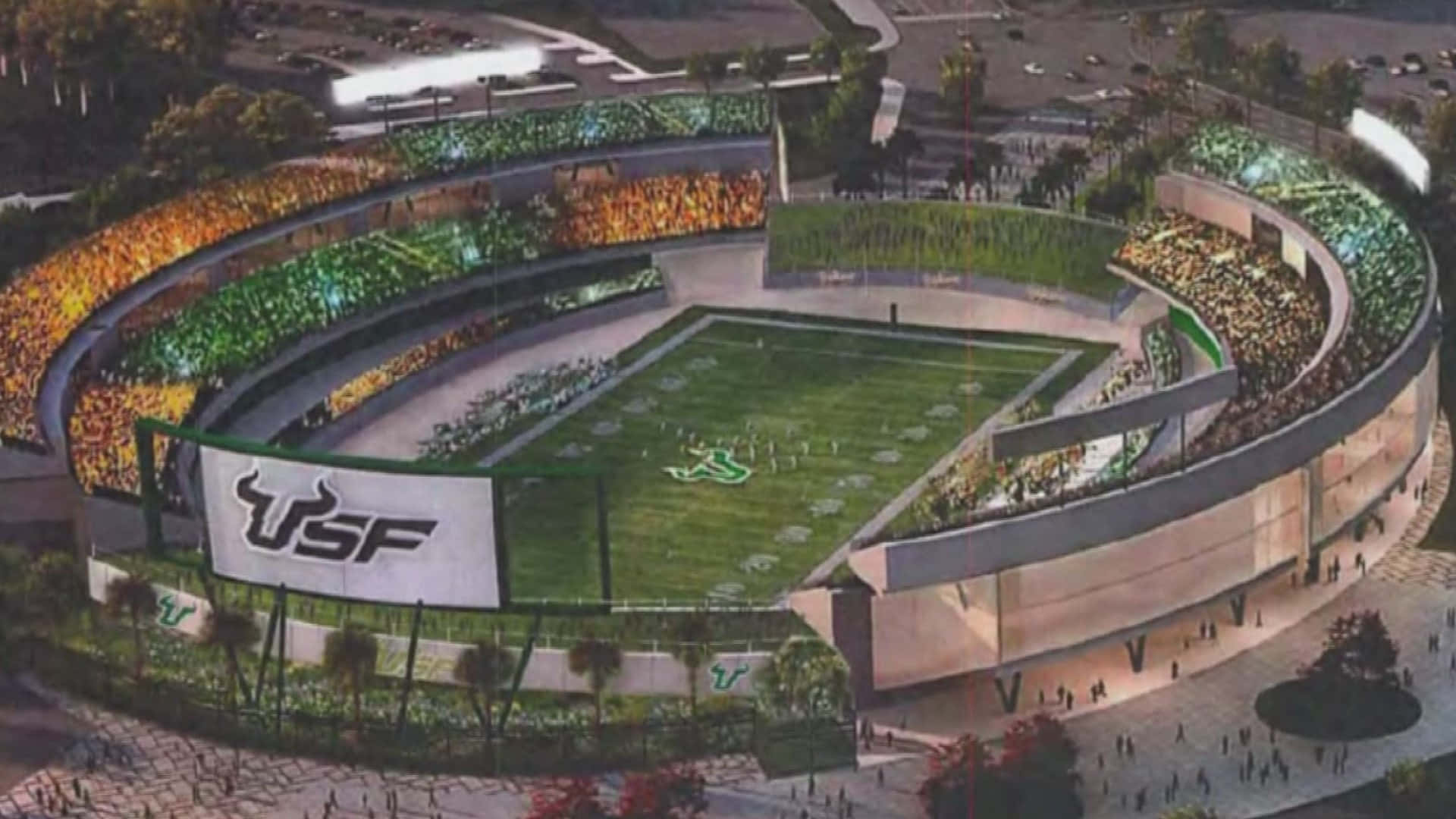 Stadium 桌布 壁紙 — 現代USF足球場的鳥瞰圖，場內充滿在明亮日光下歡呼的球迷。