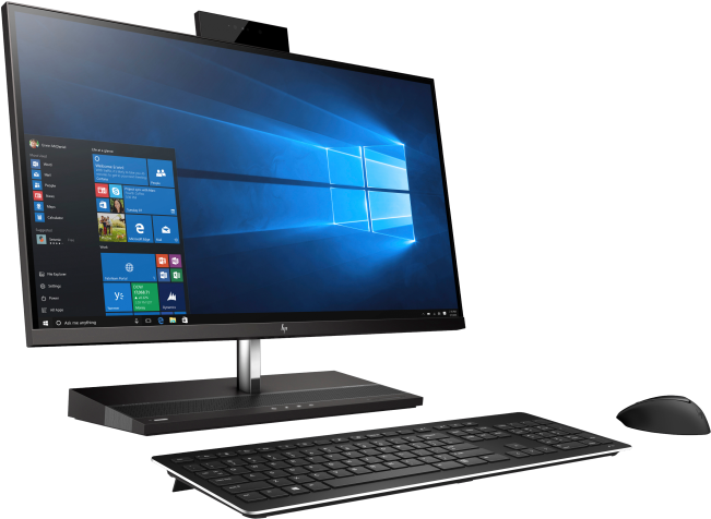 HP 桌布 壁紙 — 現代一體式桌上型電腦，Windows 10 介面顯示在時尚的黑色顯示器上，配有鍵盤和滑鼠。