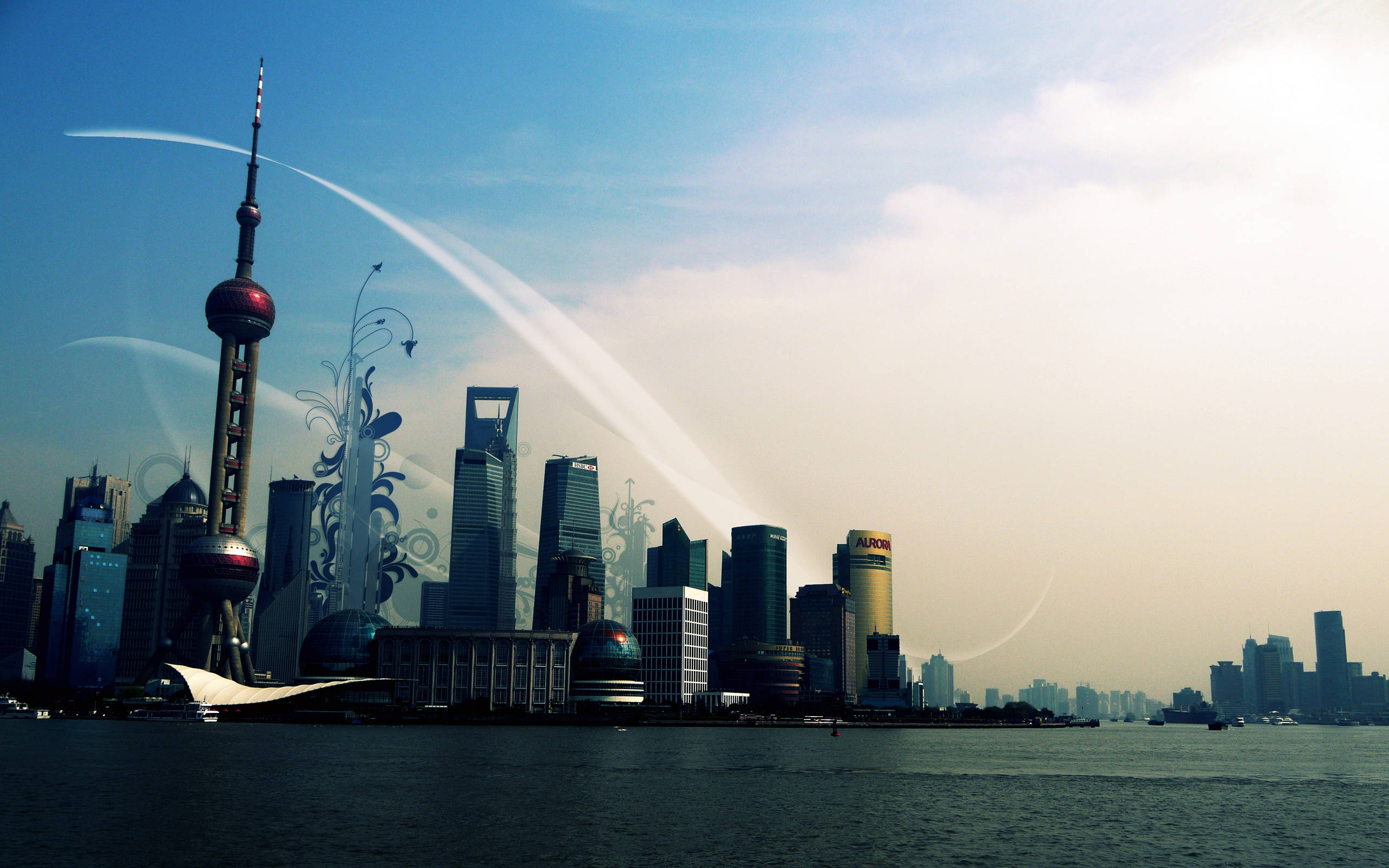 Shanghai 桌布 壁紙 — 現代上海天際線，標誌性塔樓和摩天大樓在平靜的水面上倒映，天空湛藍明亮。