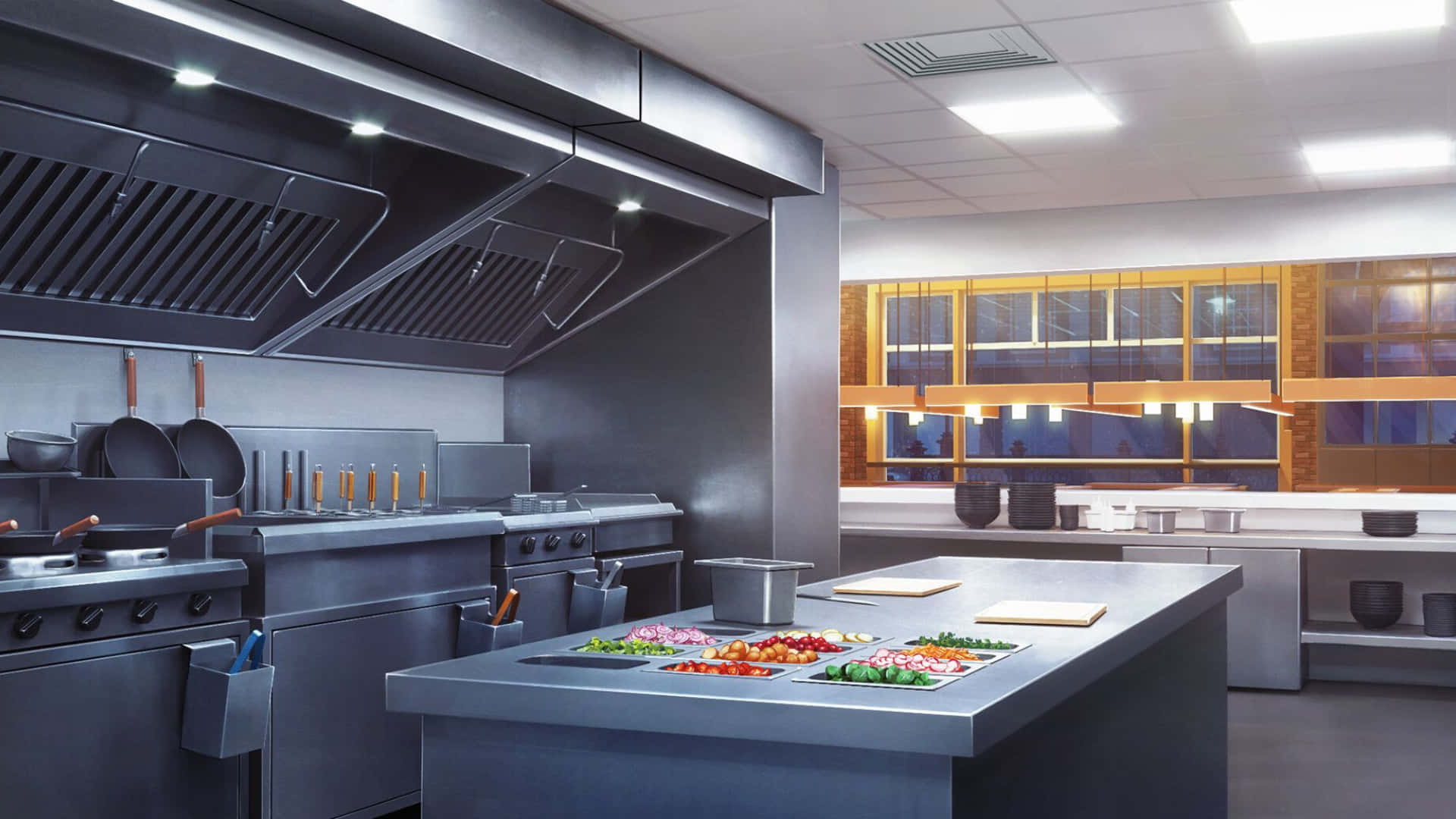 kitchen 桌布 壁紙 — 現代不鏽鋼廚房，設有整齊的準備區和可俯瞰城市夜景的大窗戶。