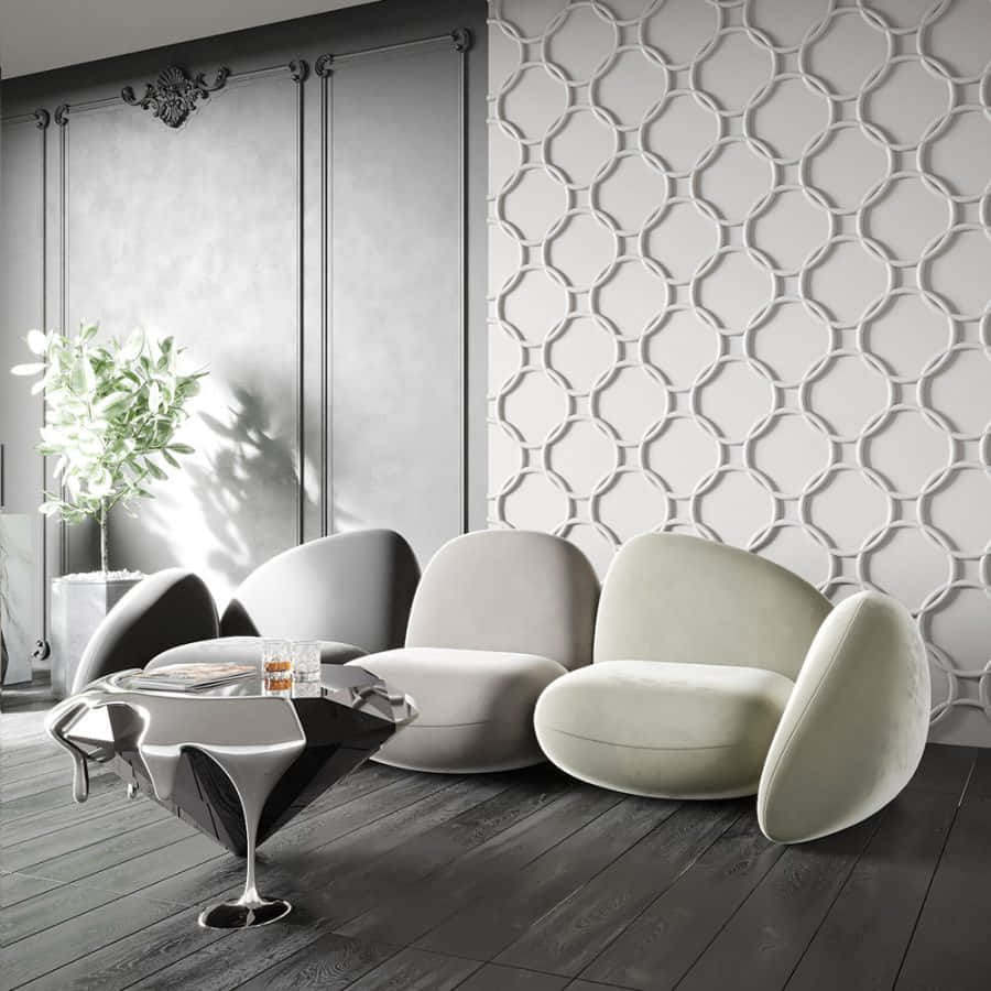 Living Room 桌布 壁紙 — 現代休息室，配有雕塑般的灰色椅子和亮面黑色咖啡桌，背景為有紋理的白色牆壁。