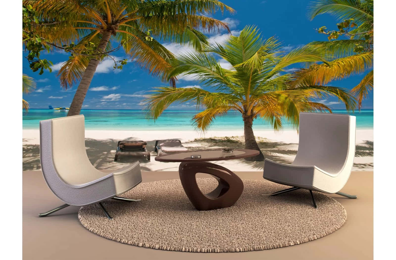 Beach Sunbed 桌布 壁紙 — 現代休閒椅和雕塑風格的桌子放在地毯上，前面是充滿活力的熱帶海灘壁紙，有棕櫚樹和碧綠的海水。