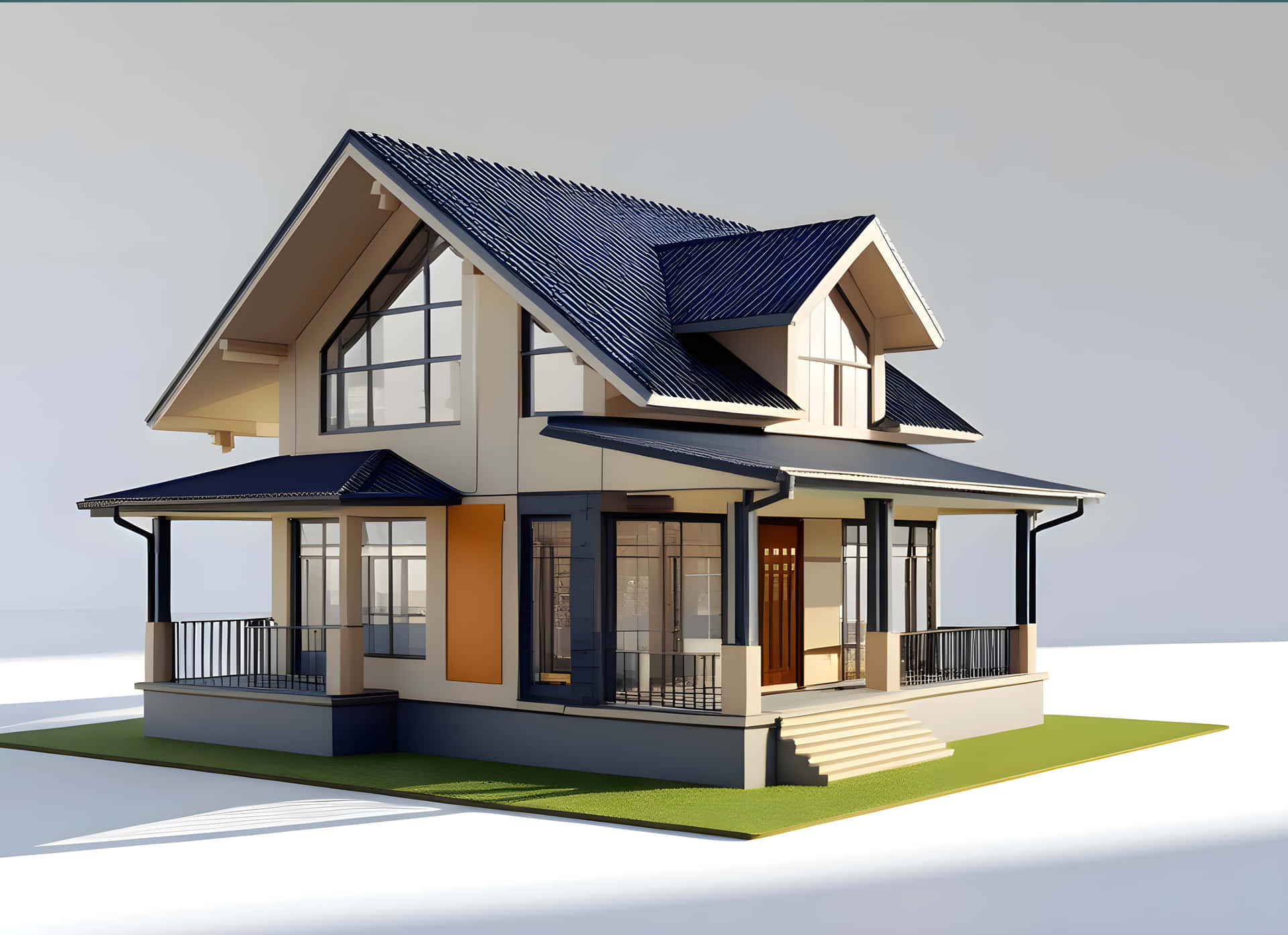 3d model home 壁紙 — 現代兩層房屋，深藍色屋頂，米色牆壁，橙色裝飾板，位於綠色草坪上。