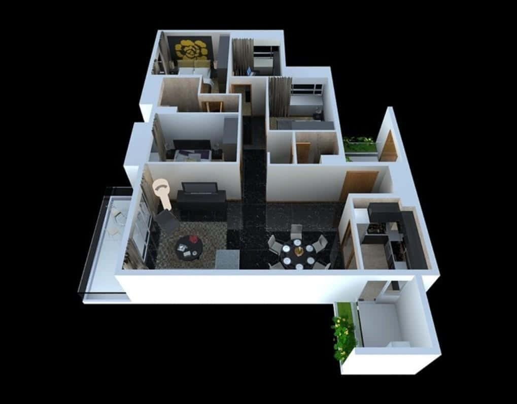 房地產 桌布 壁紙 — 現代公寓室內的3D渲染剖面圖，配有黑色地板和簡約家具。