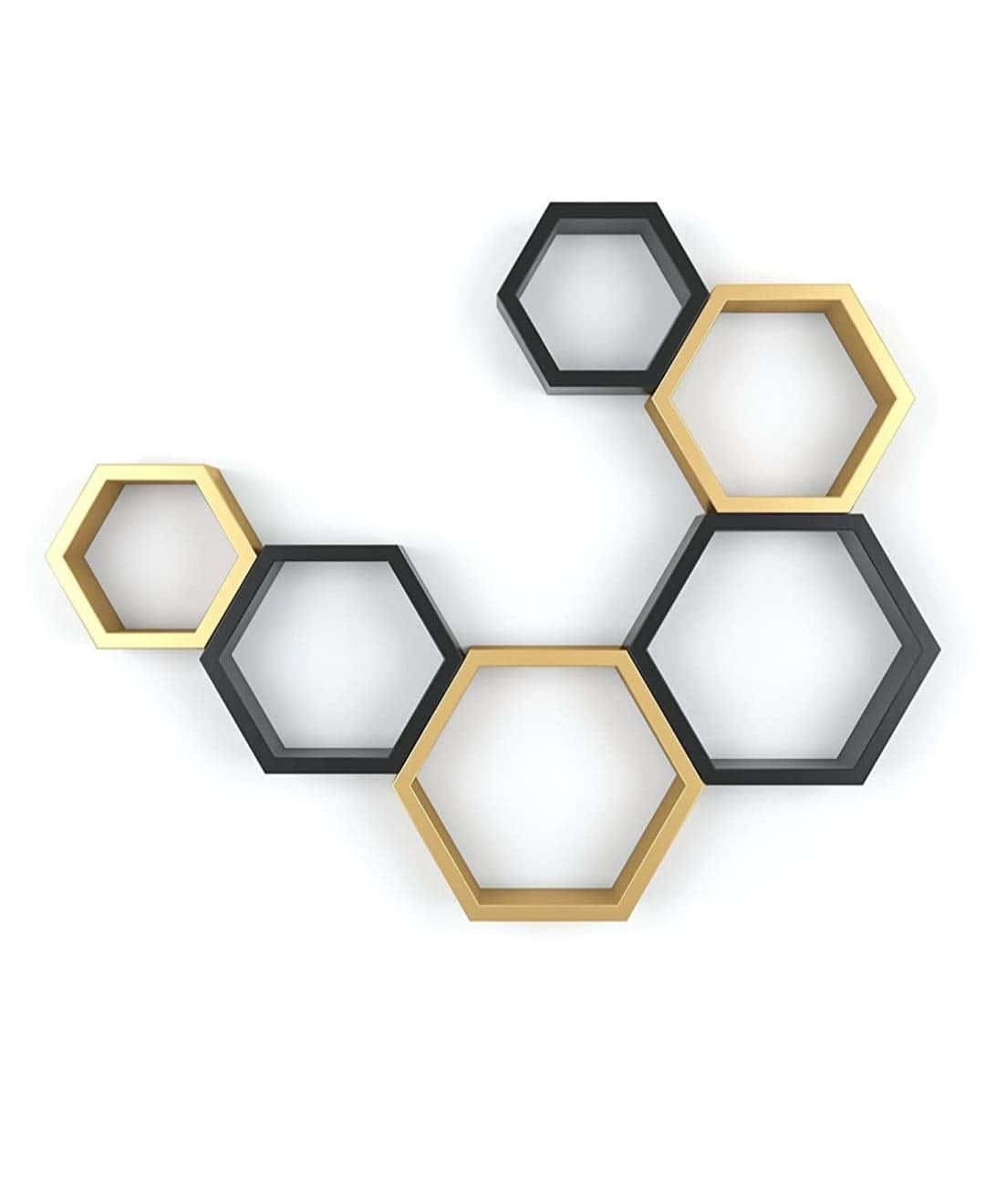 Black And Yellow 桌布 壁紙 — 現代六角形牆架，黑色和金色，以交錯簇狀排列在純白色背景上。