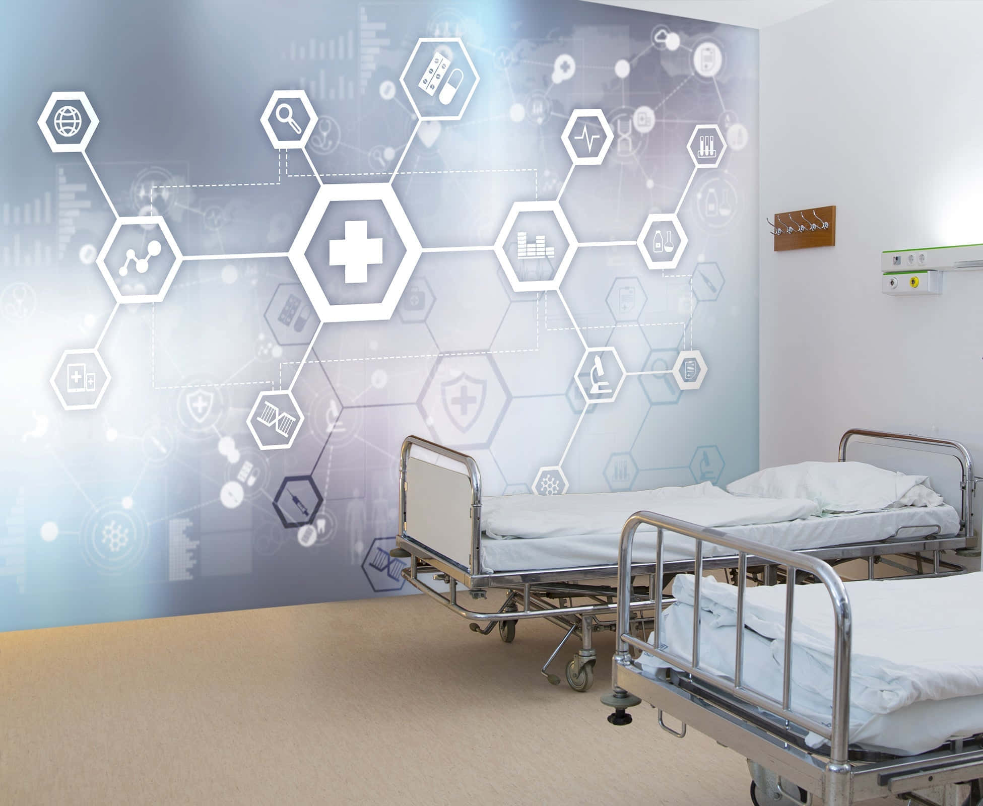 Hospital 桌布 壁紙 — 現代化醫院病房，設有兩張床，牆上顯示發光的六邊形醫療數據圖標。