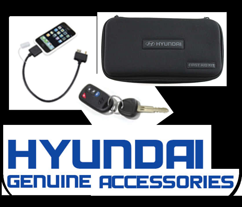 Accessories 桌布 壁紙 — 現代原廠配件包括急救箱、車鑰匙和手機充電器，展示在白色背景上。