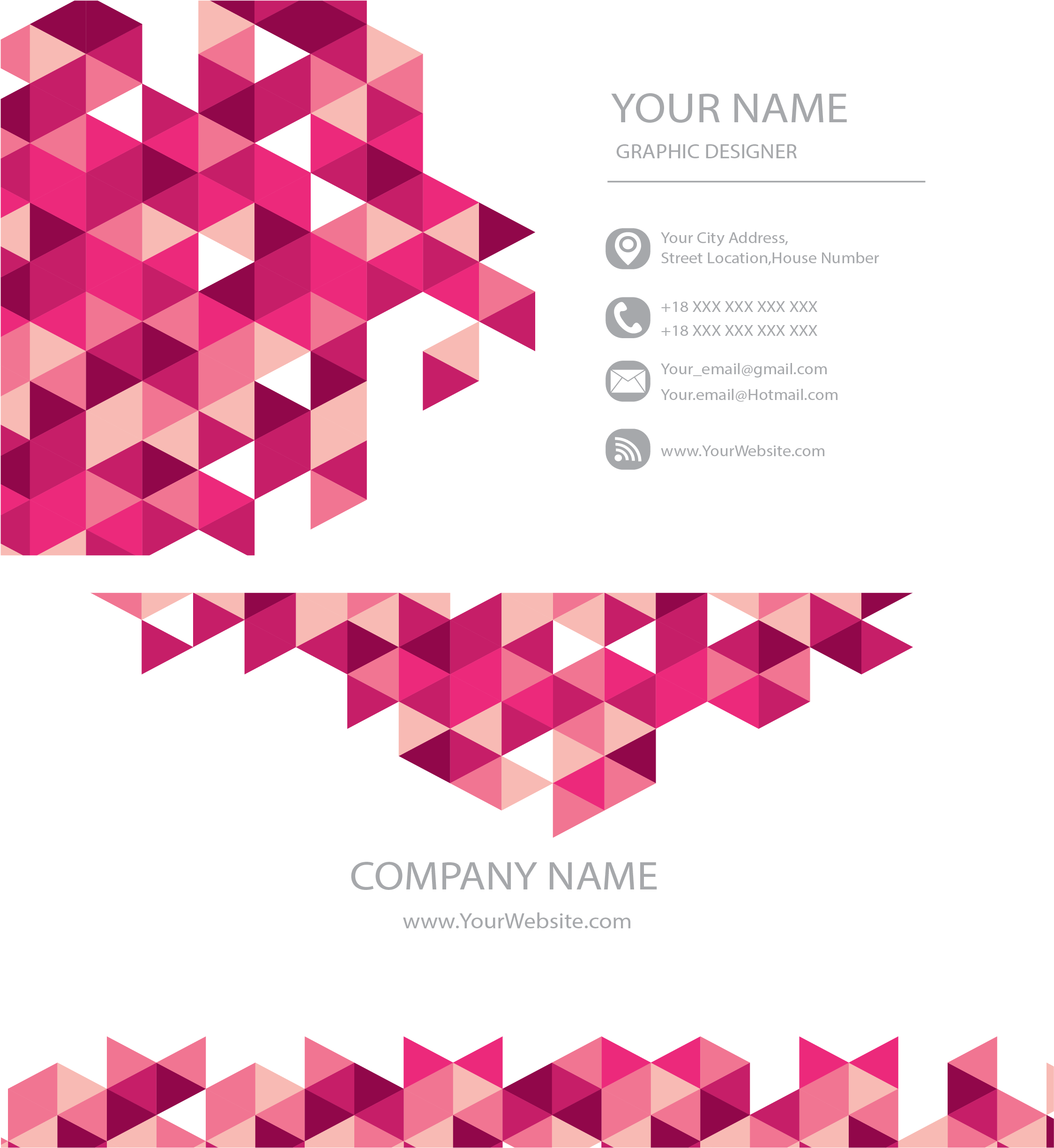 Business Card 桌布 壁紙 — 現代名片模板，黑色背景上帶有充滿活力的粉紅色幾何三角形。