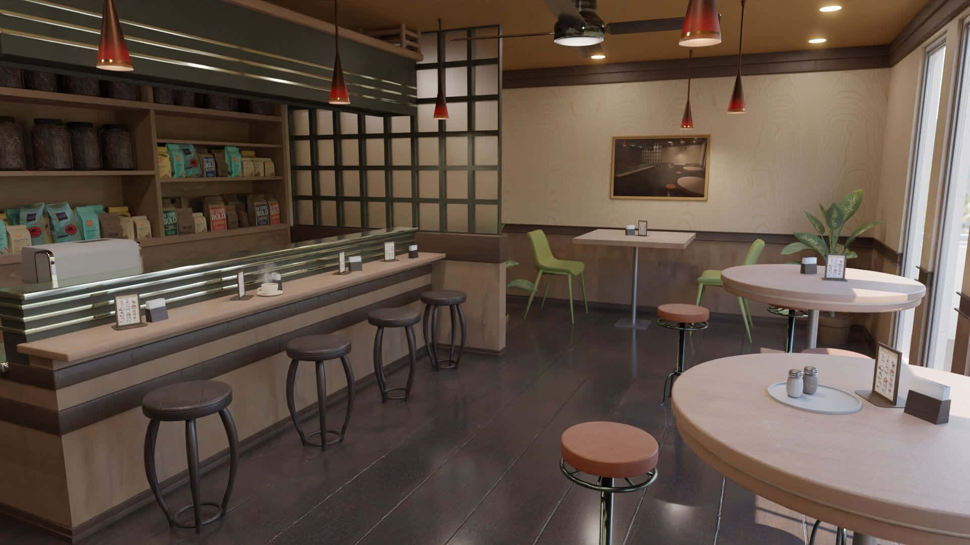 Anteiku 桌布 壁紙 — 現代咖啡館內部，設有木地板、吧檯、吧檯凳和紅色吊燈。