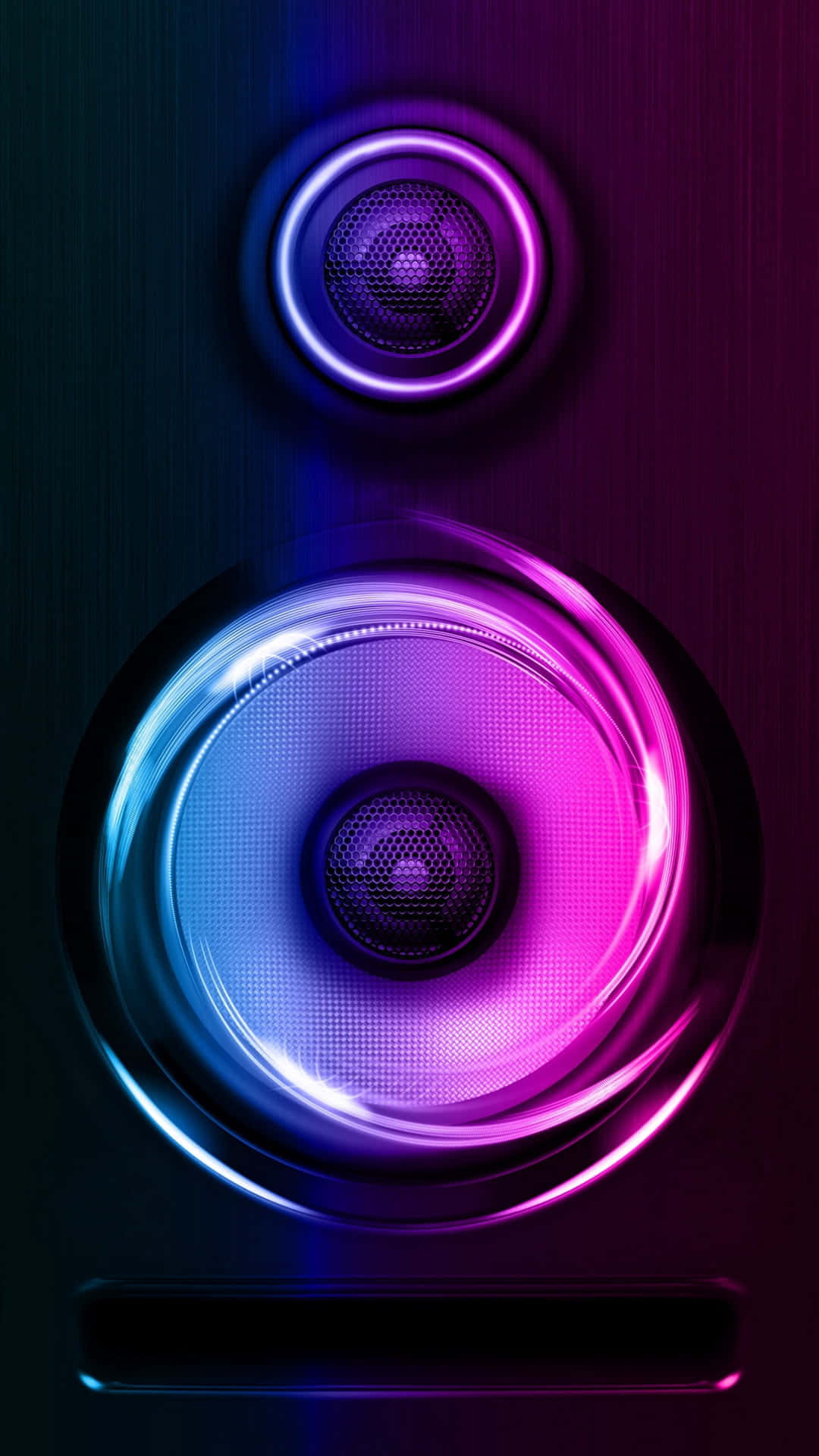 Speaker 桌布 壁紙 — 現代喇叭的特寫，在深色紋理背景上散發出充滿活力的紫色和藍色霓虹燈光。