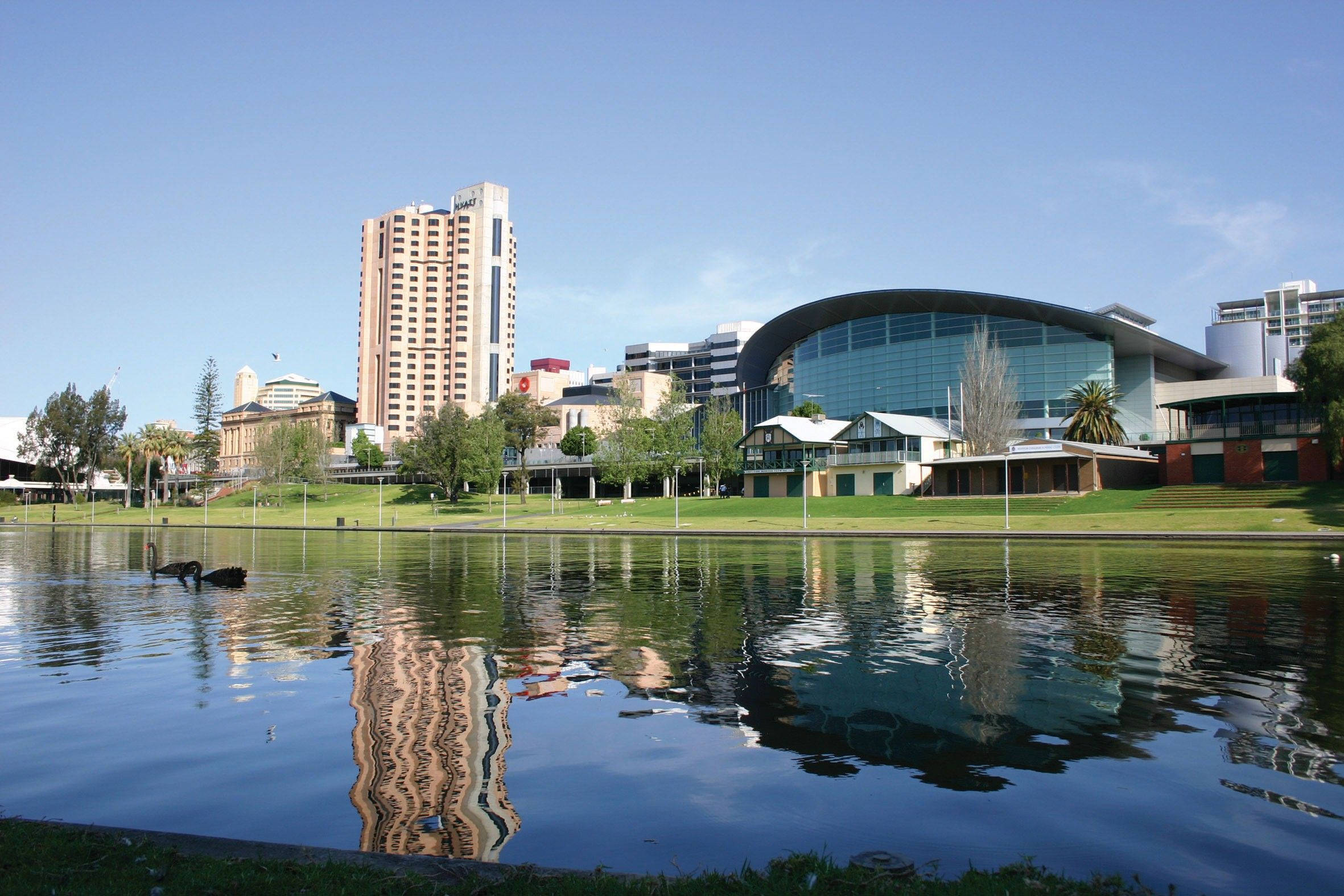 Adelaide 桌布 壁紙 — 現代城市天際線，玻璃圓頂建築和高塔倒映在平靜的湖面上，天鵝在游泳。