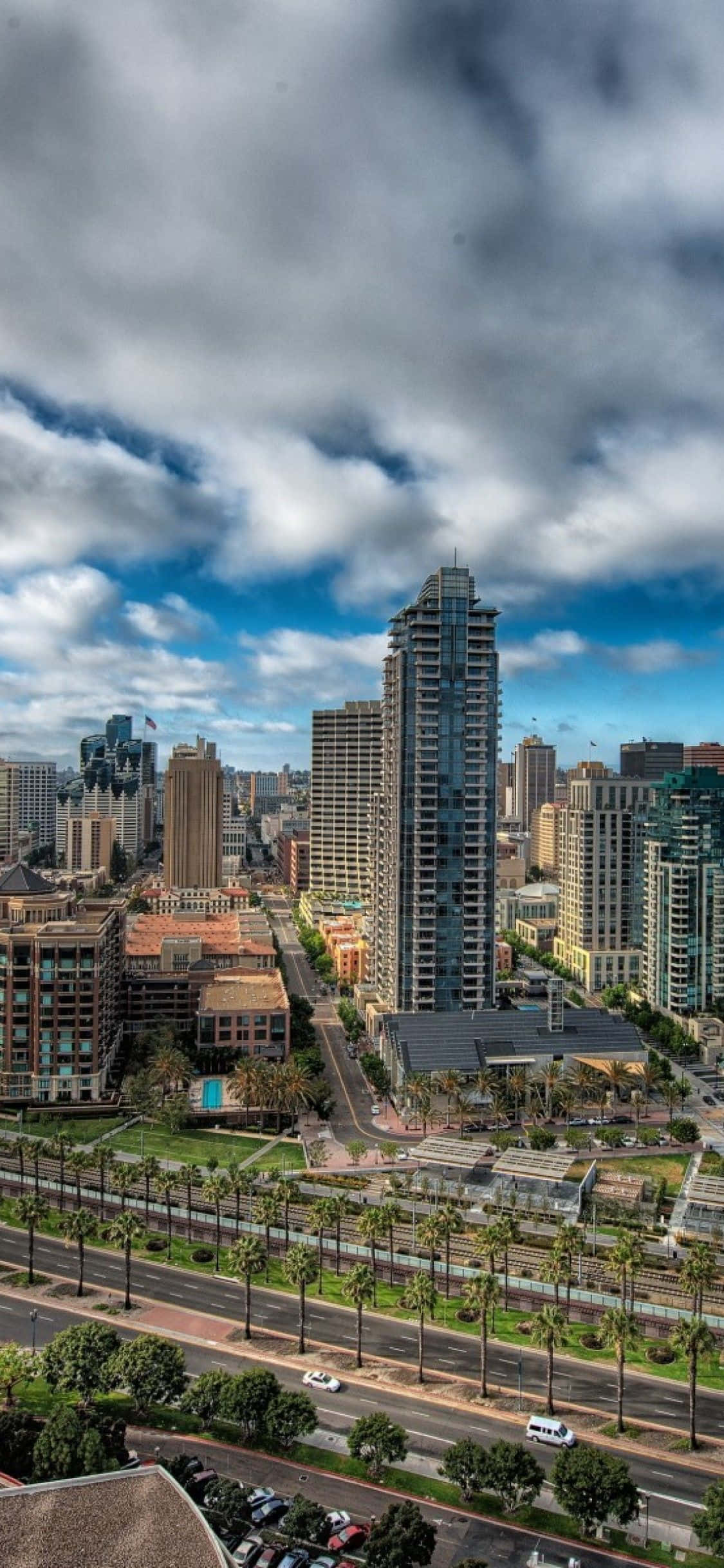 San Diego iPhone 桌布 壁紙 — 現代城市景觀的鳥瞰圖，有高聳的玻璃摩天大樓、棕櫚樹成蔭的道路和頭頂上戲劇性的雲層。