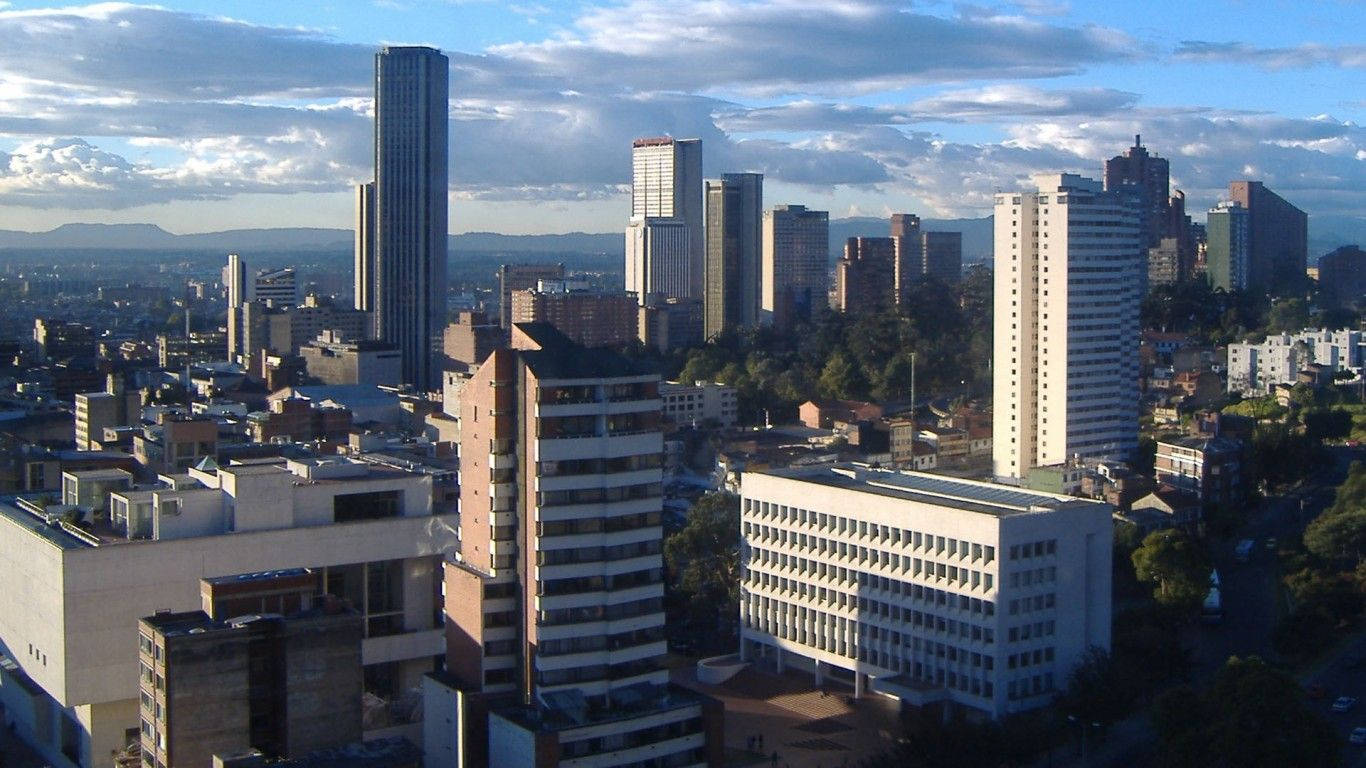 Bogota 桌布 壁紙 — 現代城市景觀的鳥瞰圖，高樓大廈和較低建築物在部分多雲的天空下。