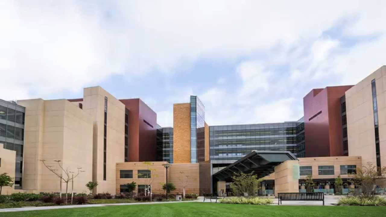 Buildings 桌布 壁紙 — 現代大學建築物，米色和赤陶色外牆，部分多雲的天空下，前景有綠色草坪。