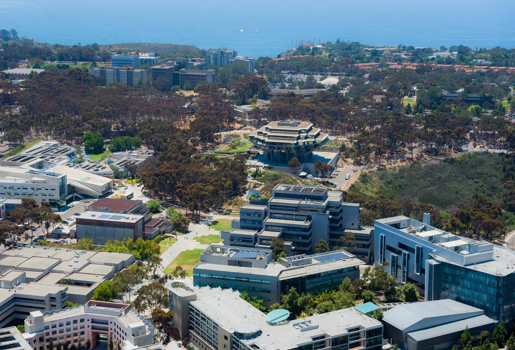  壁紙 — 現代大學校園的鳥瞰圖，玻璃建築坐落在樹木之間，俯瞰海洋。