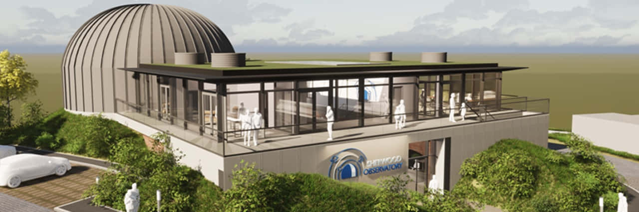 Observatory 桌布 壁紙 — 現代天文台，玻璃外牆和圓頂，坐落於綠色山丘上，俯瞰遠方風景。