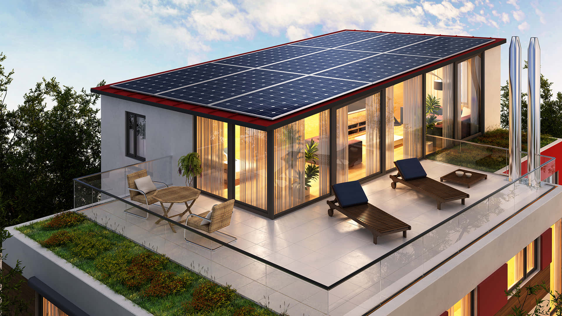 電力 桌布 壁紙 — 現代太陽能屋頂住宅，玻璃牆在黃昏時溫暖發光，設有屋頂躺椅和綠植。