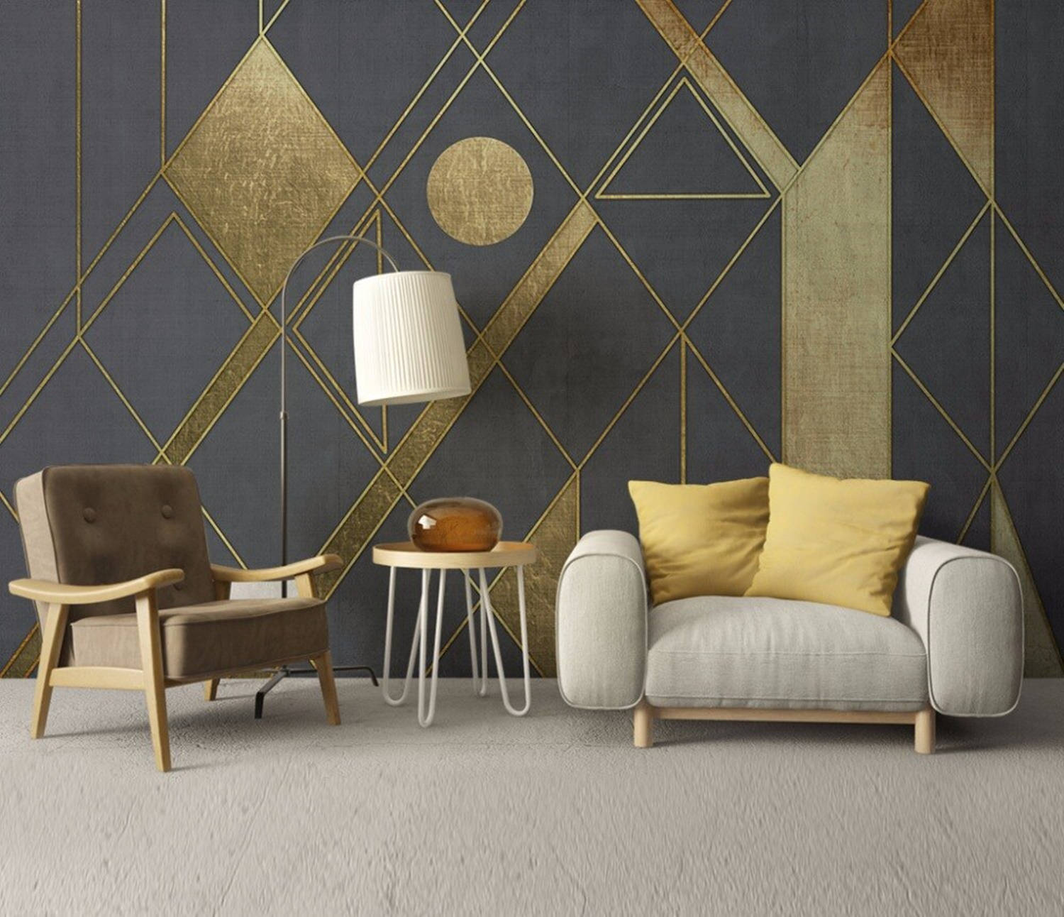 Interior Design 桌布 壁紙 — 現代客廳，帶有幾何金色牆壁圖案、灰色沙發配黃色靠墊，以及落地燈下的木製扶手椅。