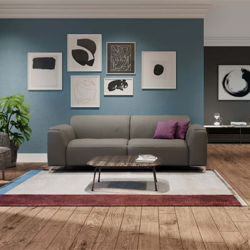 Living Room 桌布 壁紙 — 現代客廳，灰色沙發，紫色靠枕，藍色牆上的抽象藝術，木地板。