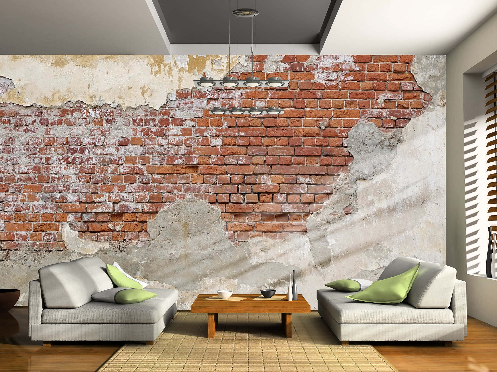 Brown Brick 桌布 壁紙 — 現代客廳，設有裸露磚牆和灰色沙發，面向木製咖啡桌。