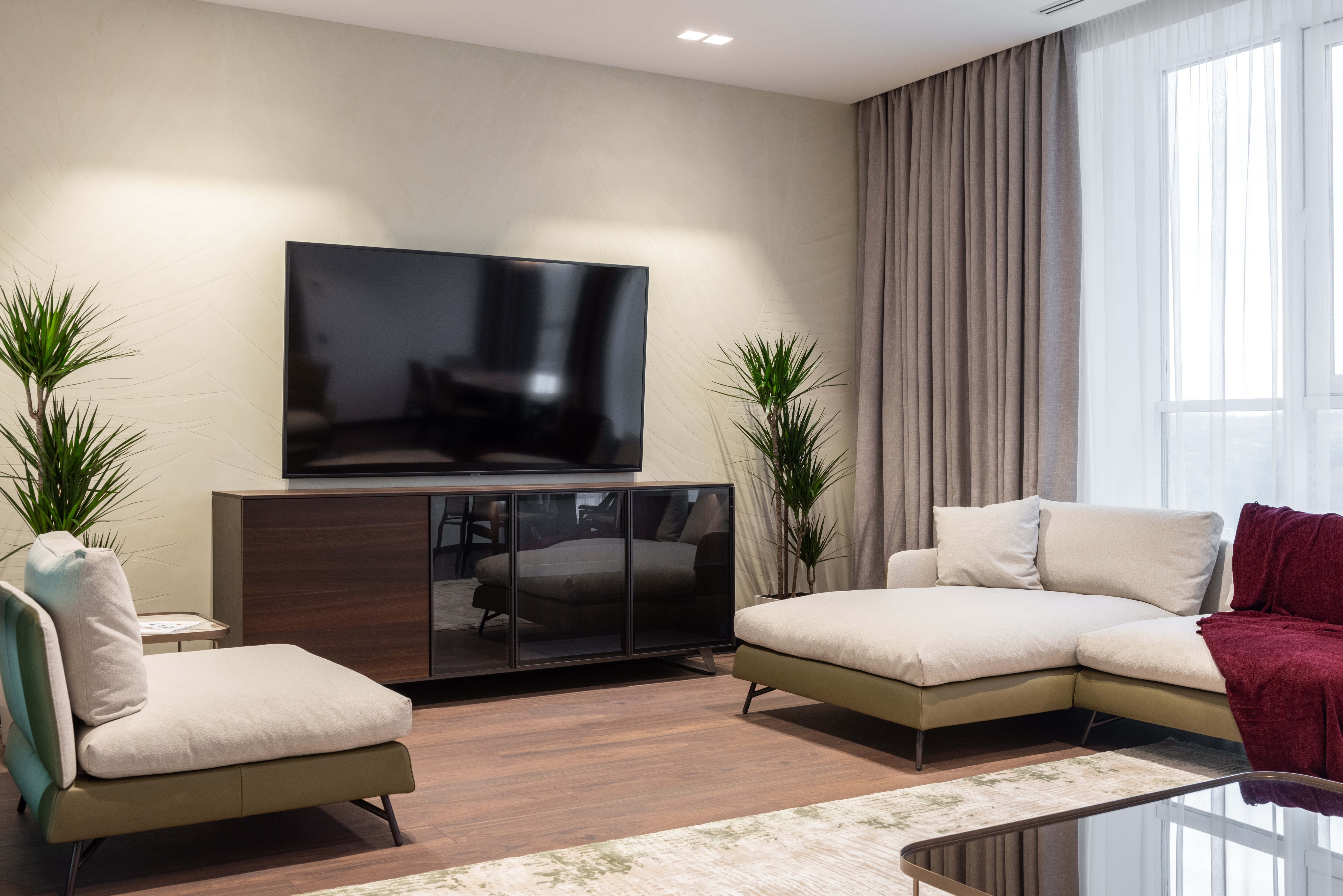 television 桌布 壁紙 — 現代客廳，配有米色沙發、木地板、大電視，以及窗邊帶有薄紗窗簾的高大盆栽。