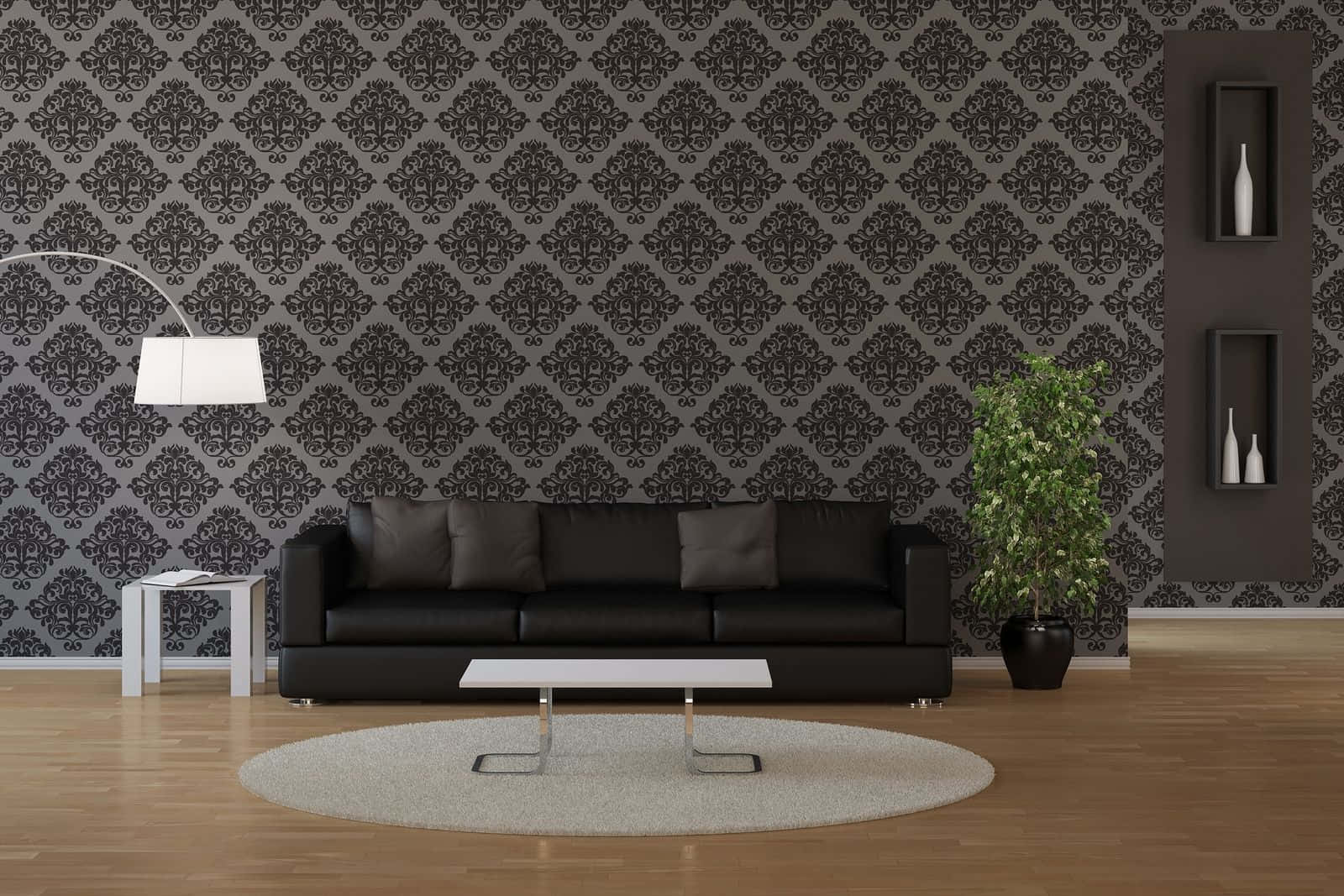 Sofa 桌布 壁紙 — 現代客廳，配有黑色錦緞壁紙、時尚黑色沙發、白色茶几和木地板。
