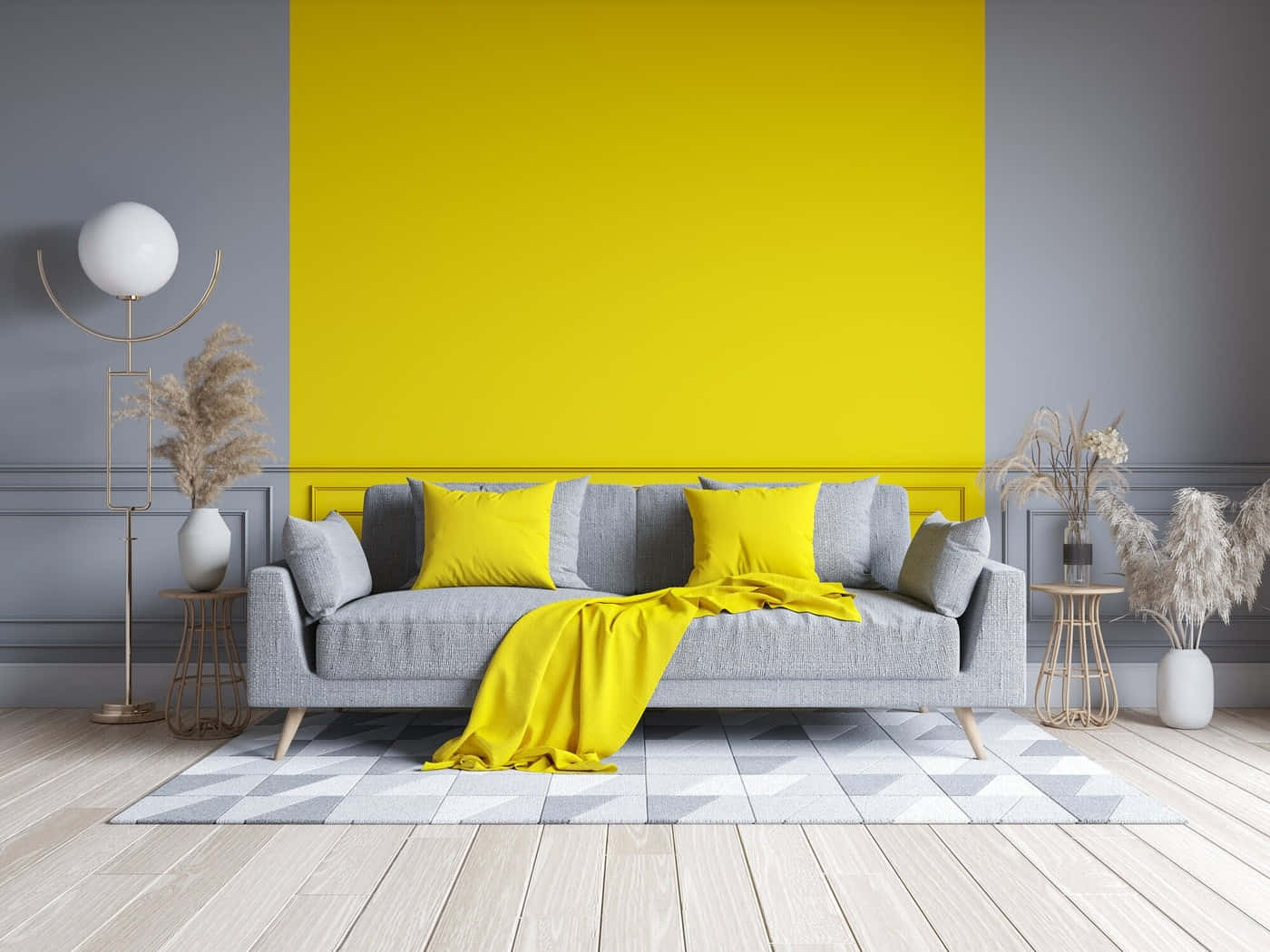 Living Room 桌布 壁紙 — 現代客廳以灰色沙發搭配黃色抱枕和毛毯，襯托大膽的黃色特色牆。