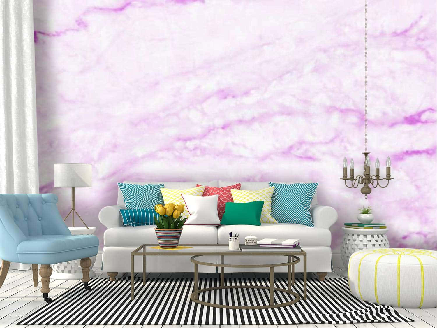 Purple Marble 桌布 壁紙 — 現代客廳以白色沙發搭配彩色靠墊，襯托充滿活力的紫色大理石壁紙。