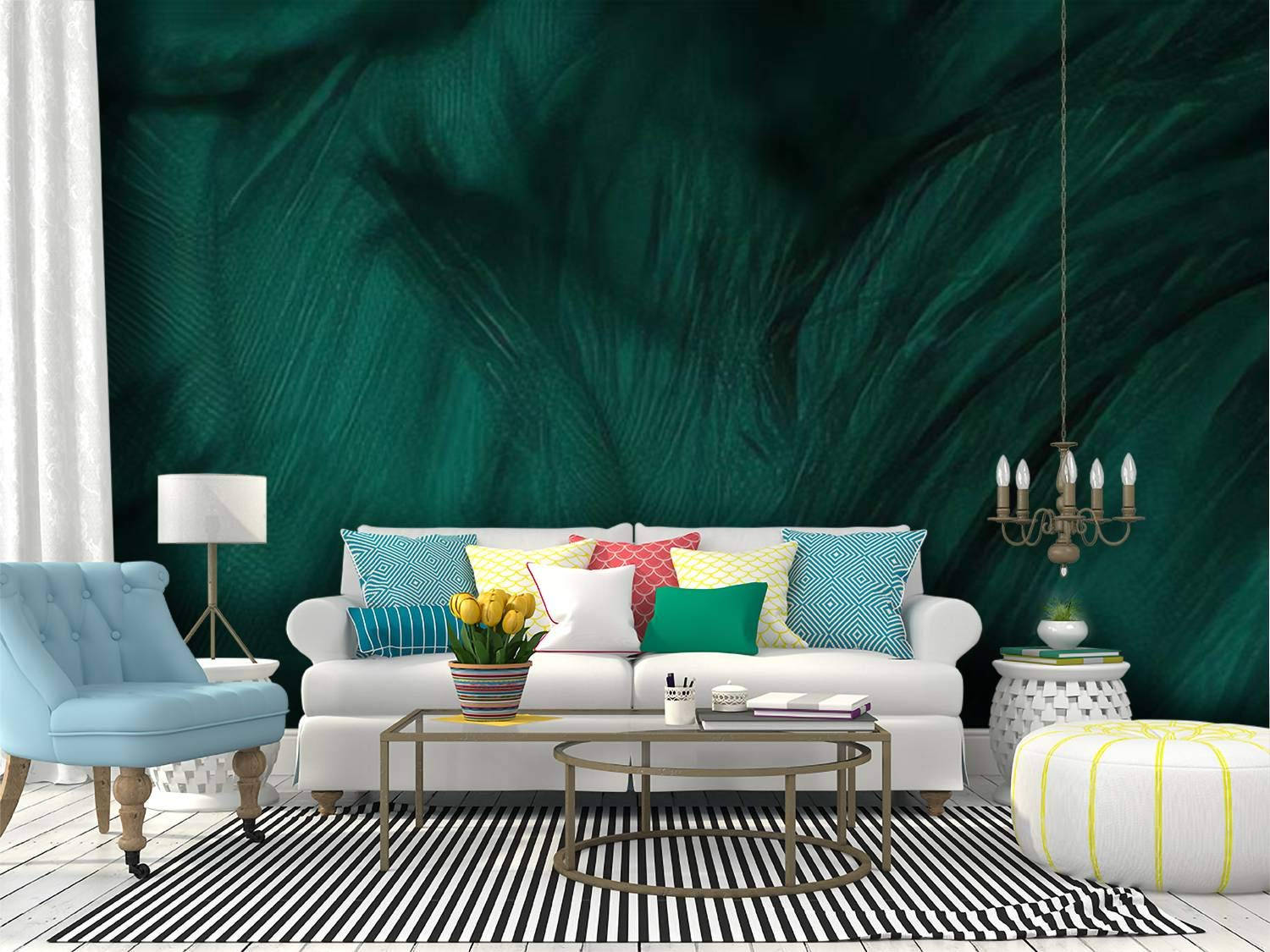 Living Room 桌布 壁紙 — 現代客廳以白色沙發搭配戲劇性的翠綠色羽毛圖案壁紙，以及彩色抱枕和條紋地毯。