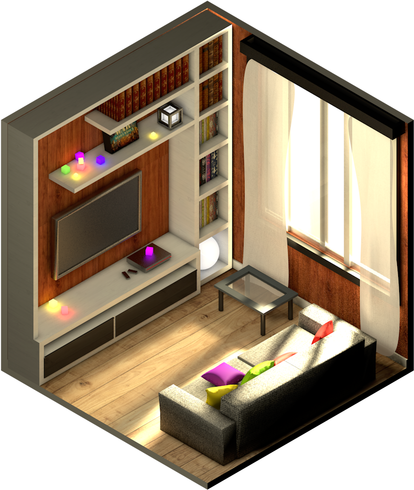isometric 桌布 壁紙 — 現代客廳的等角視圖，配有灰色沙發、彩色靠墊、書架、電視和陽光透過窗戶照射進來。