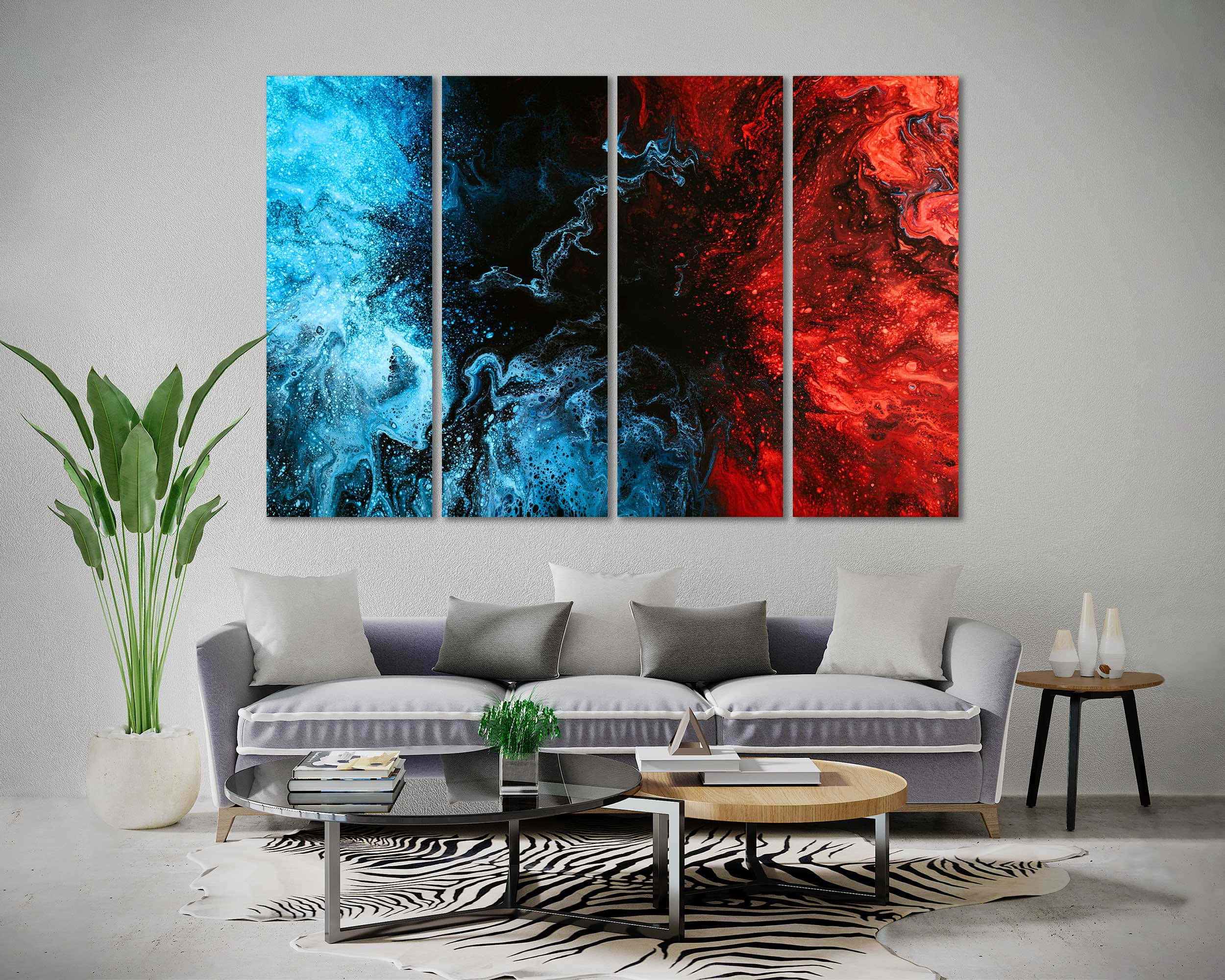 Living Room 桌布 壁紙 — 現代客廳設有灰色沙發，下方是引人注目的四面板抽象牆藝，從藍色過渡到紅色。