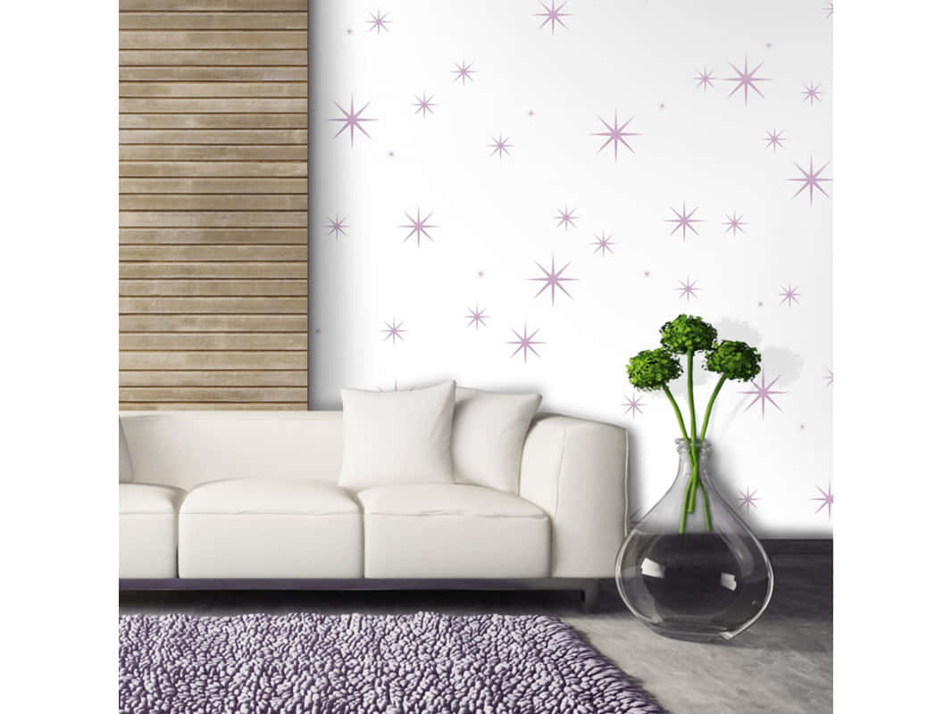 Interior Design 桌布 壁紙 — 現代客廳設有白色沙發，靠牆有紫色星星貼紙和木質裝飾板。
