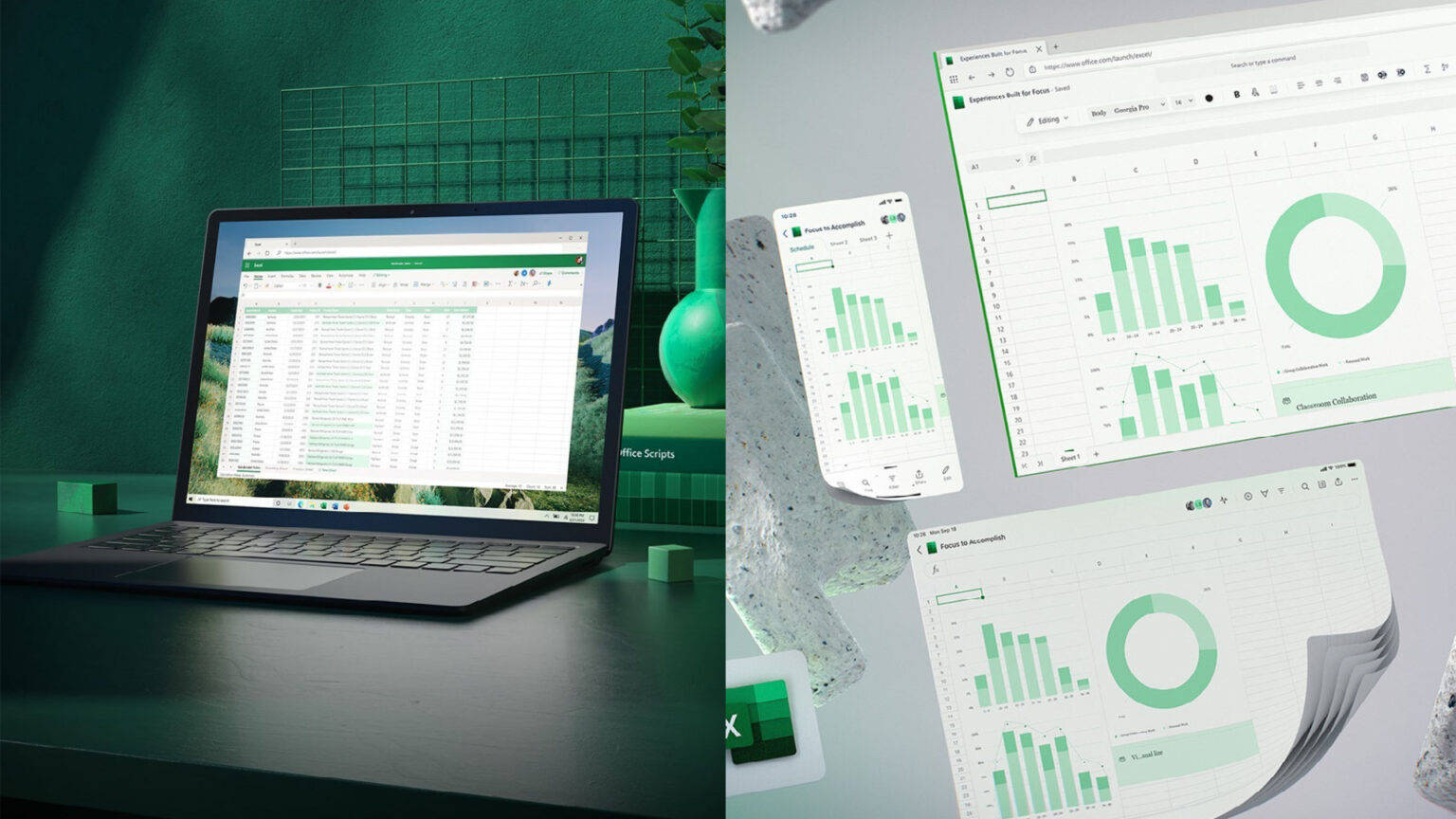 筆記型電腦和浮動數據儀表板，在青綠桌面上顯示綠色圖表。 — Microsoft 壁紙