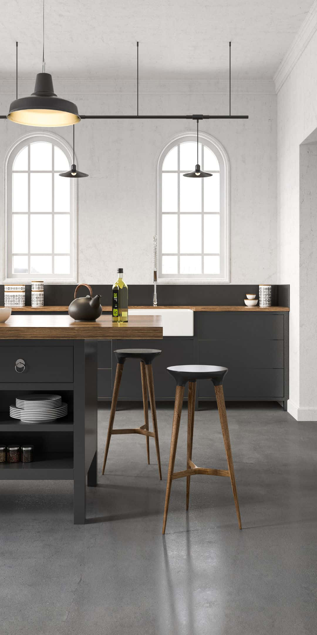 Pixel 3 Kitchen 桌布 壁紙 — 現代工業風廚房，配有深色櫥櫃、木製吧檯凳和拱形窗戶，引入明亮自然光。