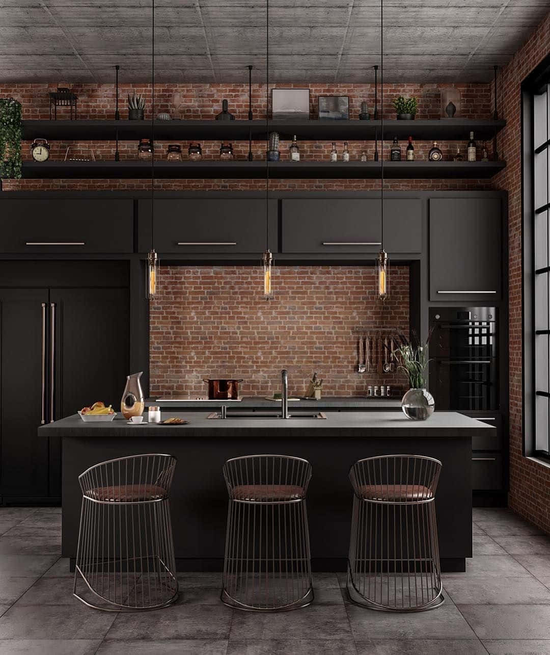 Kitchen Design 桌布 壁紙 — 現代工業風廚房，配有黑色櫥櫃、磚牆和金屬框架吧檯椅，上方懸掛吊燈。