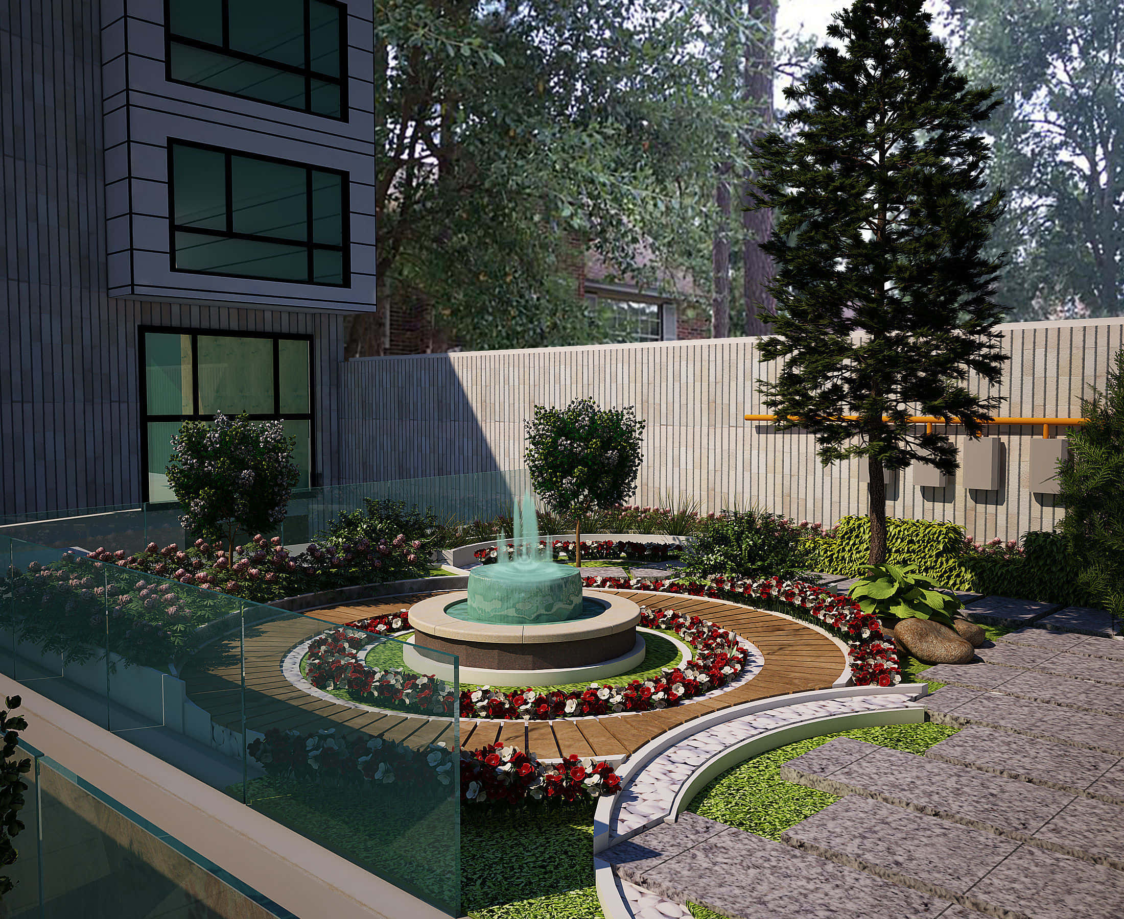3d Landscape 桌布 壁紙 — 現代庭院噴泉，周圍環繞著紅色花朵、木質小徑和玻璃欄杆，在明亮的日光下。