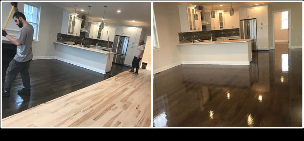 Wood Floor 桌布 壁紙 — 現代廚房（白色櫥櫃、深色光澤飾面）中硬木地板翻新前後對比。