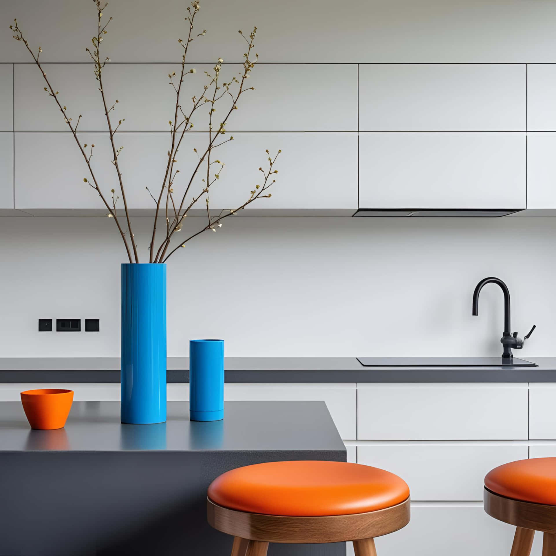 A modern kitchen interior featuring a blue vase with branches and orange chairs at a gray counte 壁紙 — 現代廚房，白色櫥櫃、深色檯面，搭配鮮橙色吧檯椅，並以一個大膽的藍色花瓶插著光禿樹枝作點綴。
