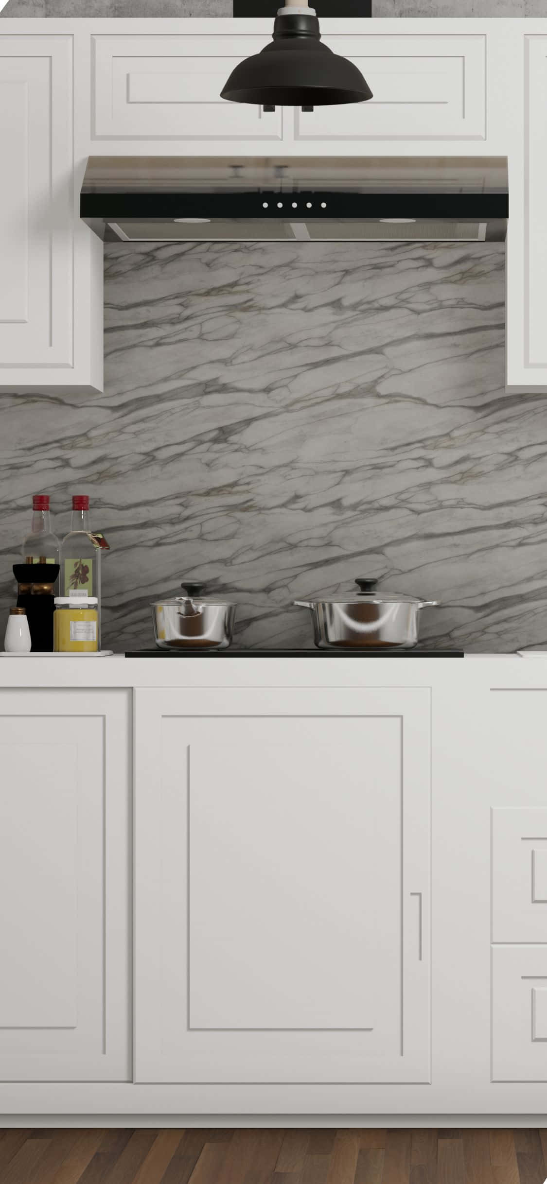 Kitchen Design 桌布 壁紙 — 現代廚房，白色櫥櫃，灰色大理石防濺板，黑色吊燈下的不鏽鋼廚具。