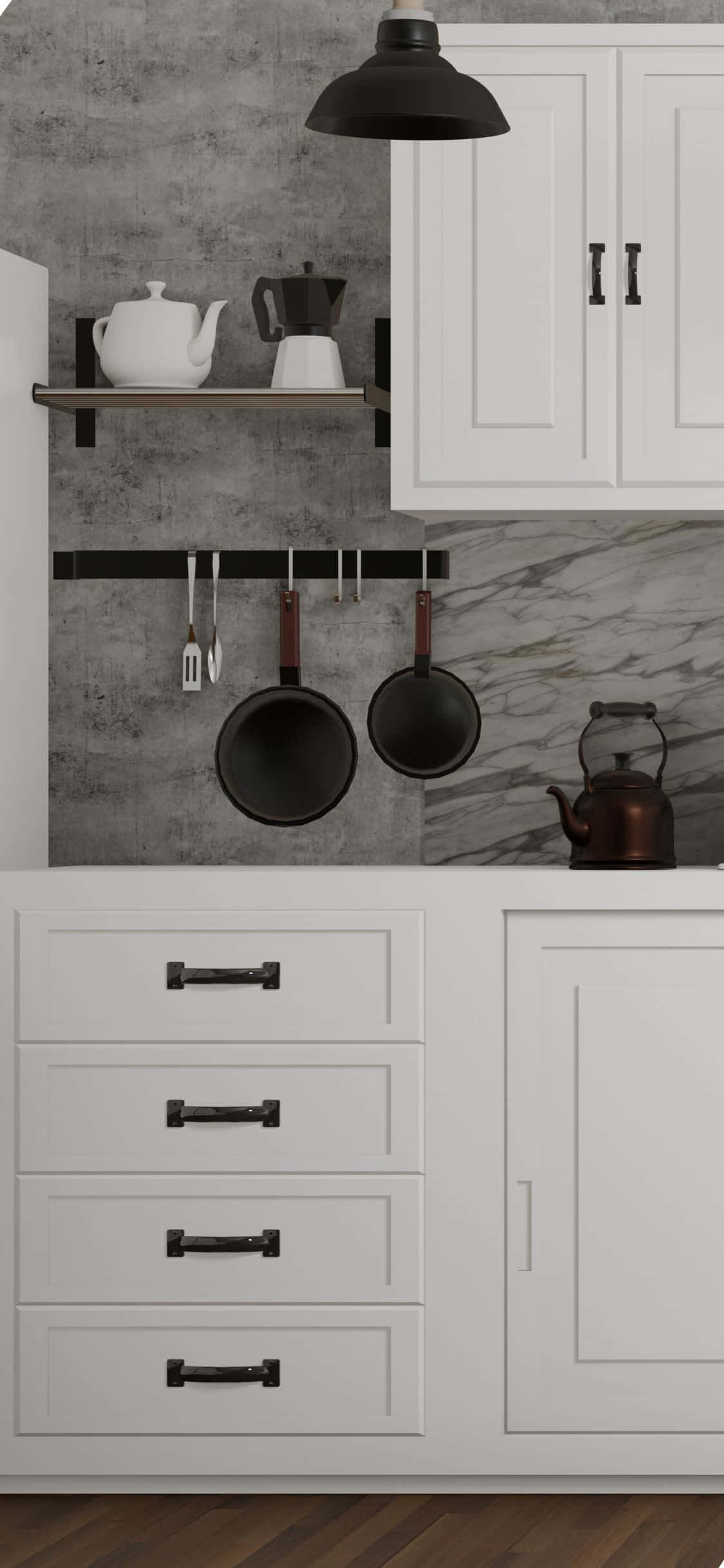 Kitchen Design 桌布 壁紙 — 現代廚房，白色櫥櫃，黑色五金配件，工業風吊燈，搭配紋理灰色牆壁。